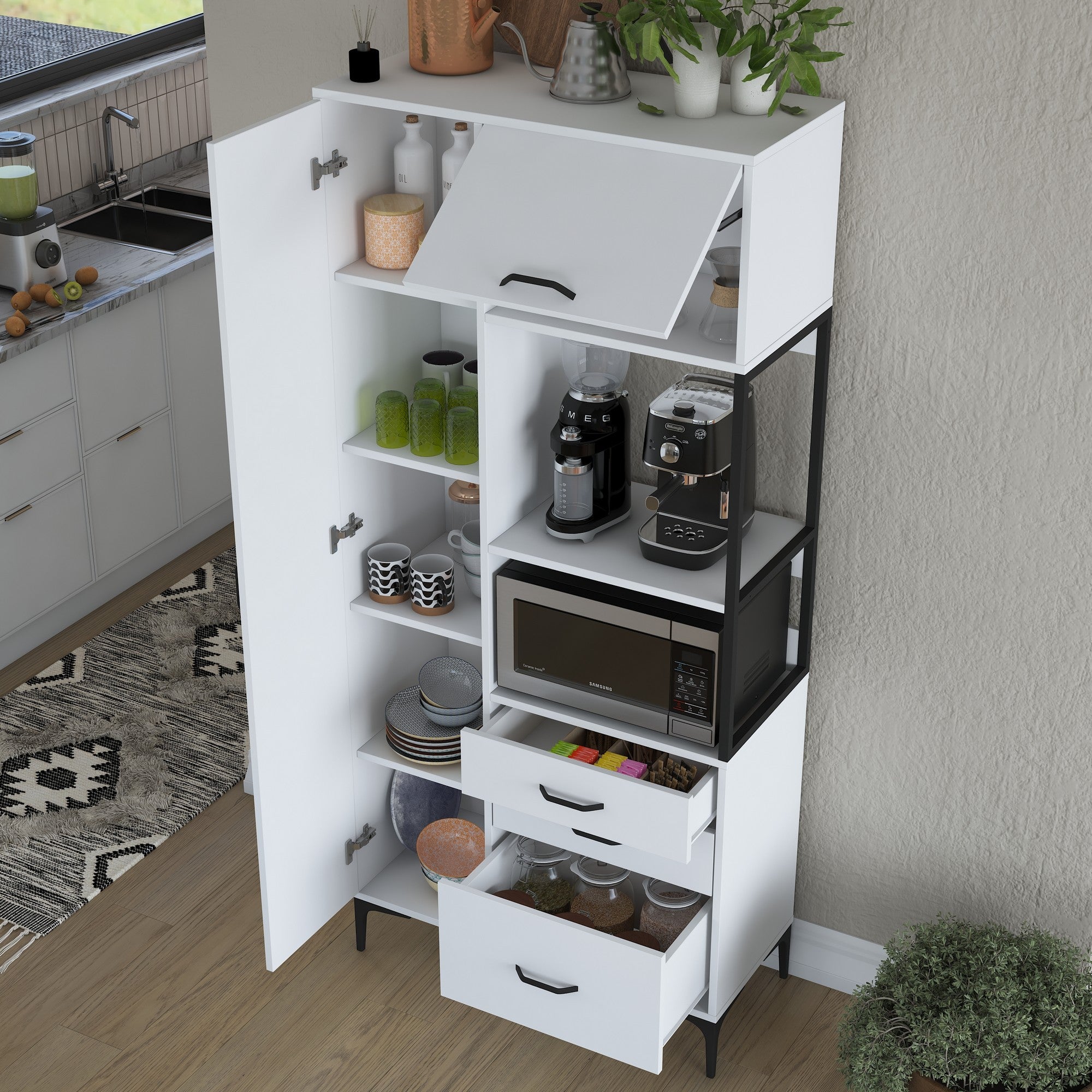 Armário multifuncional – 90 x 40 x 198,6 cm – Branco – Aglomerado de qualidade E1 revestido com melamina