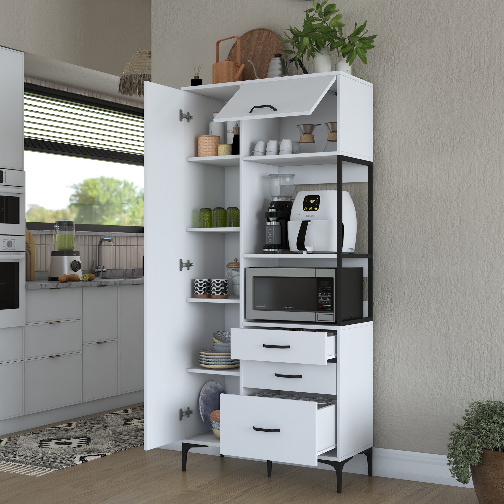 Armário multifuncional – 90 x 40 x 198,6 cm – Branco – Aglomerado de qualidade E1 revestido com melamina