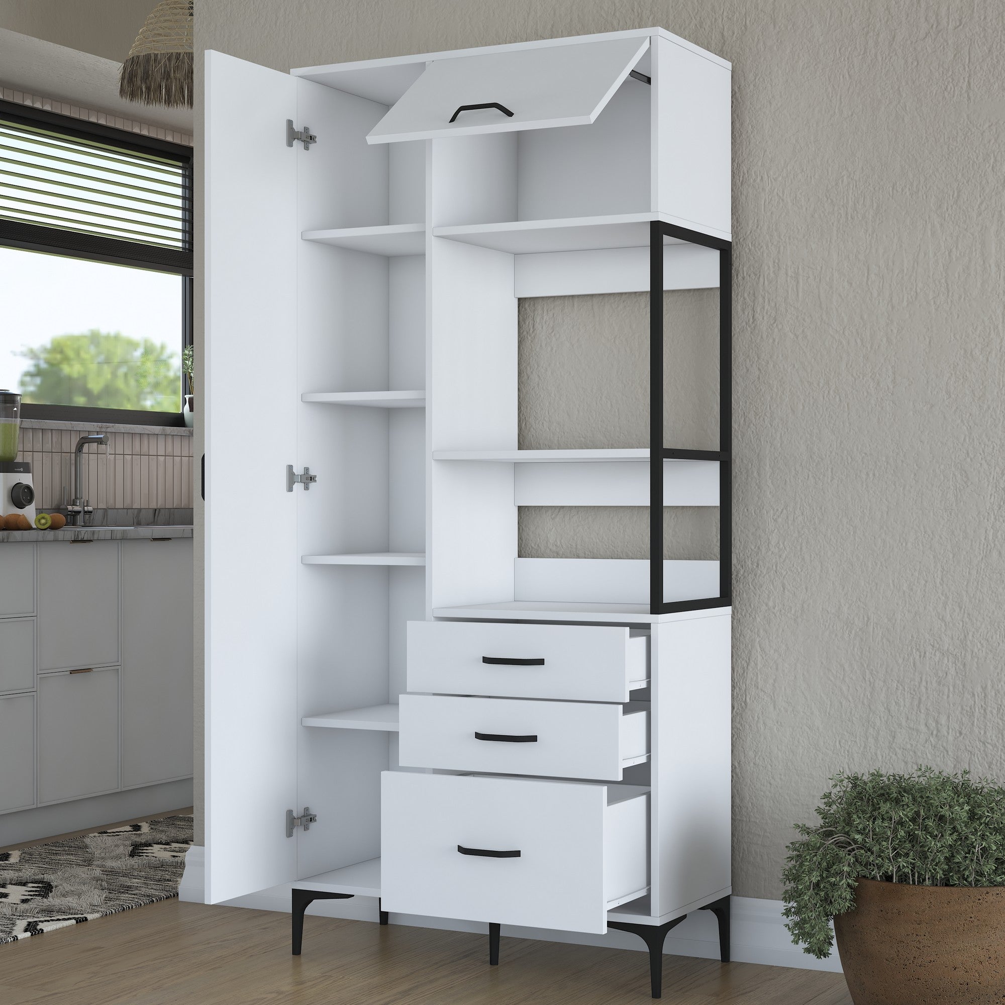 Armário multifuncional – 90 x 40 x 198,6 cm – Branco – Aglomerado de qualidade E1 revestido com melamina