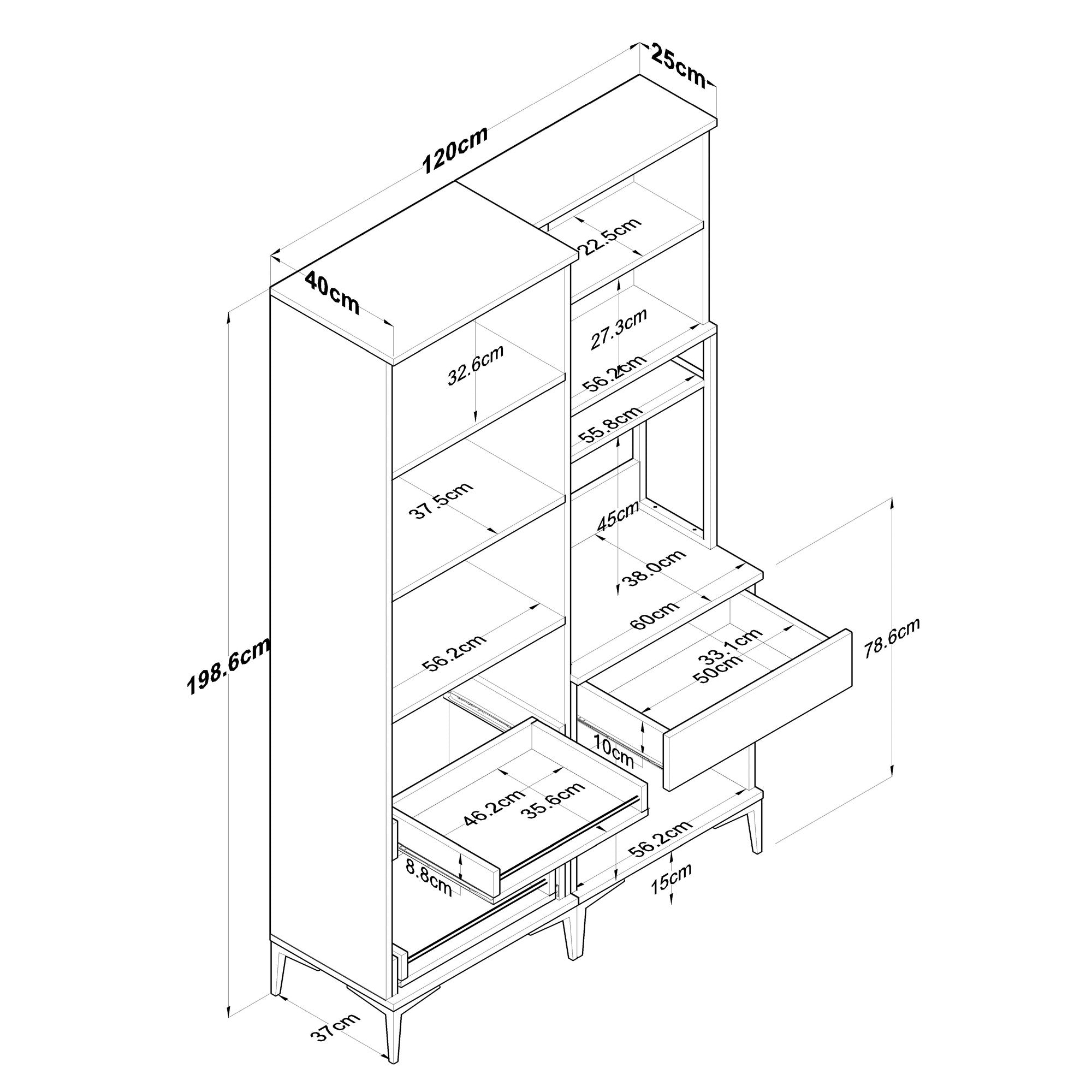 Armário multifuncional versátil, branco, 120 x 198,6 x 40 cm | 100% aglomerado de qualidade E1 revestido com melamina, 18 mm de espessura | Ideal para armazenamento em casa e no escritório