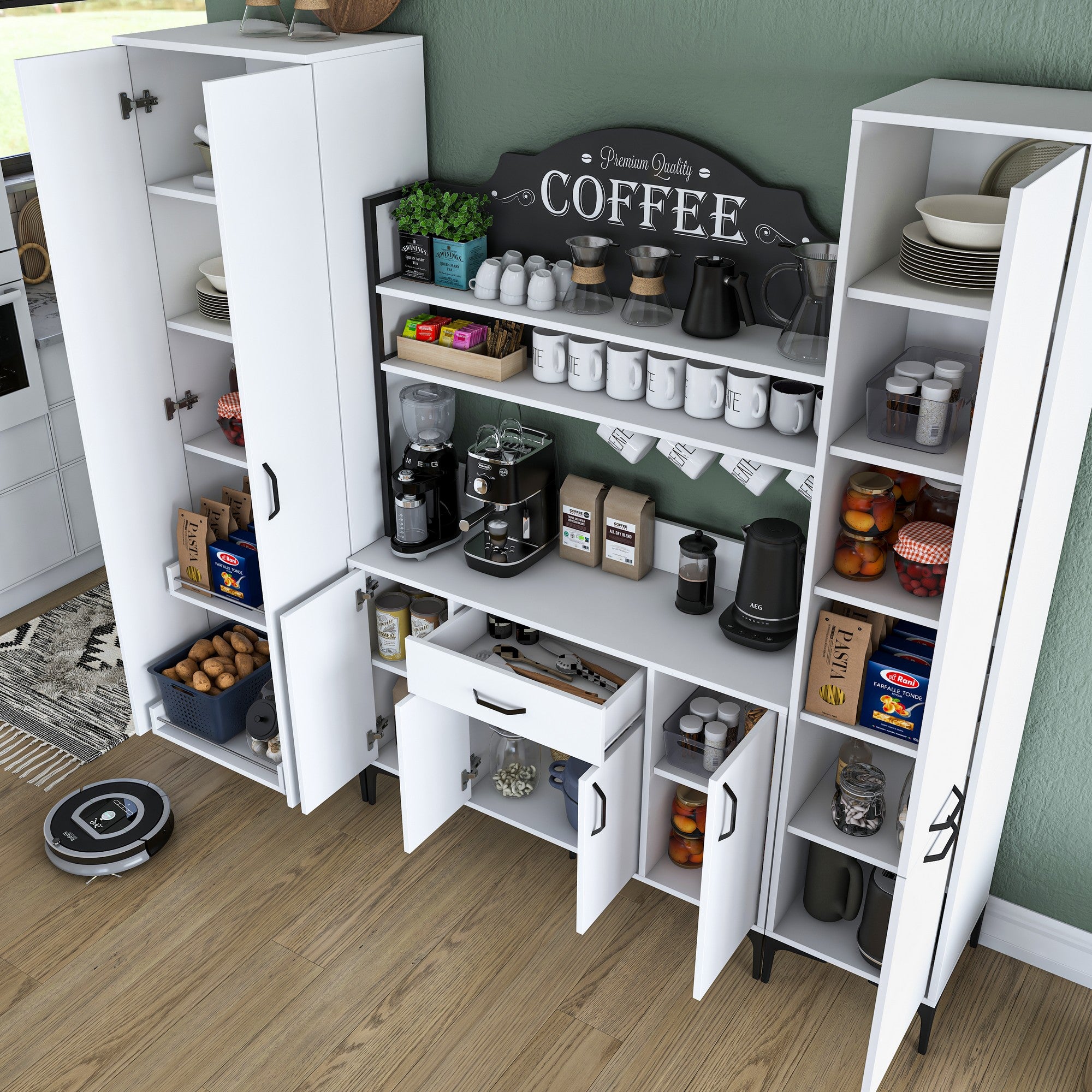 Armário multifuncional – 220 x 198,6 x 40 cm – Branco – 100% aglomerado de qualidade E1 revestido com melamina