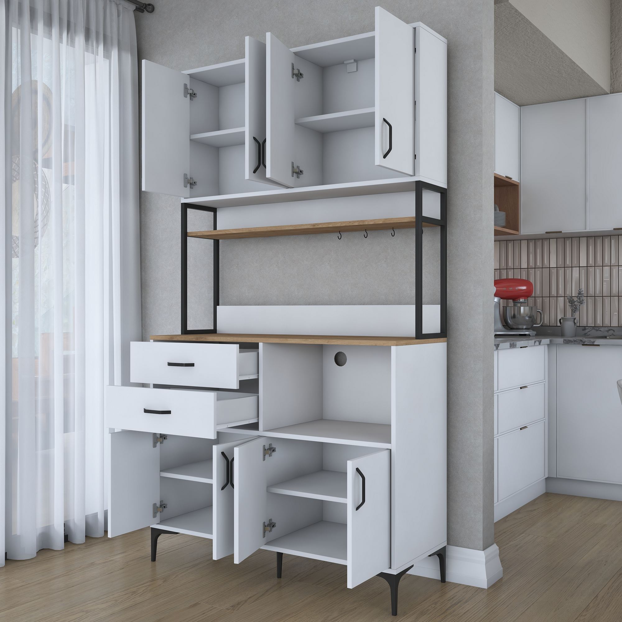 Armário multiuso – 120 cm x 218,6 cm x 45 cm – Nogueira e Branco – Aglomerado