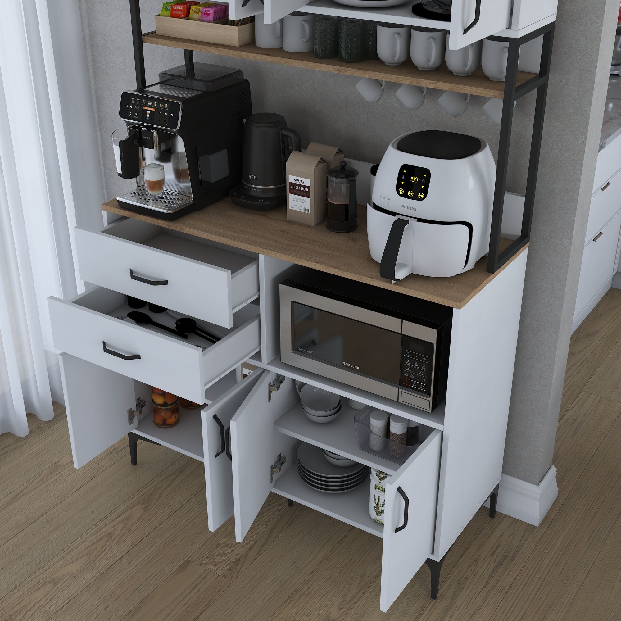 Armário multiuso – 120 cm x 218,6 cm x 45 cm – Nogueira e Branco – Aglomerado