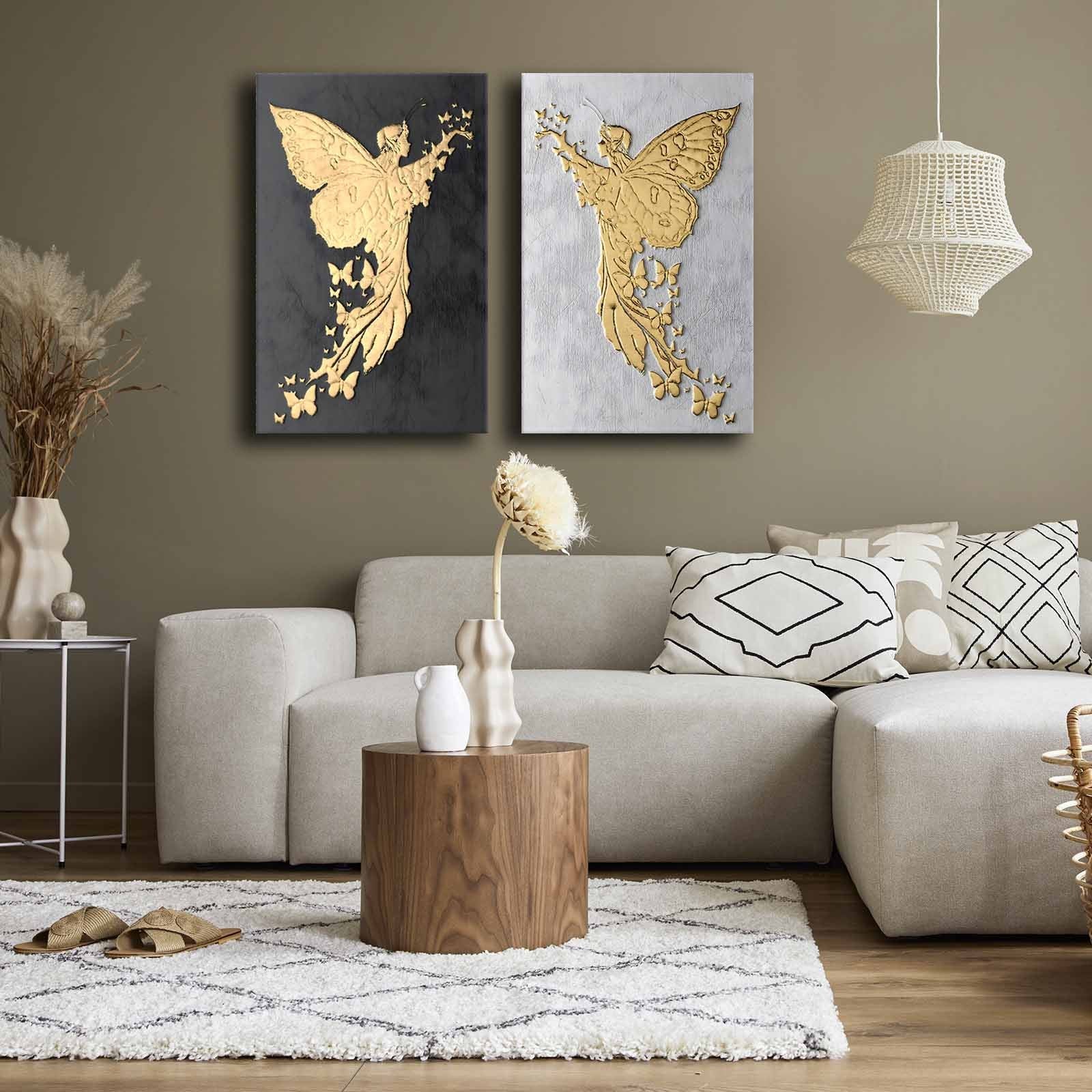 Conjunto de 2 Quadros Decorativos em Tela - Multicolor 45x70cm com Moldura em Pinho