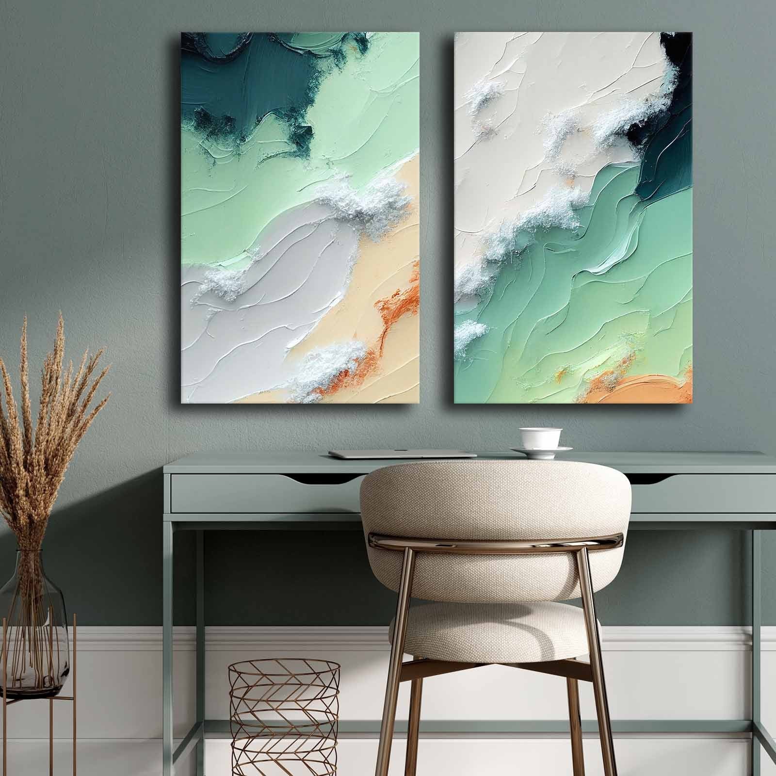 Pintura decorativa em tela (2 peças) – 45 x 70 cm cada – moldura em madeira de pinho