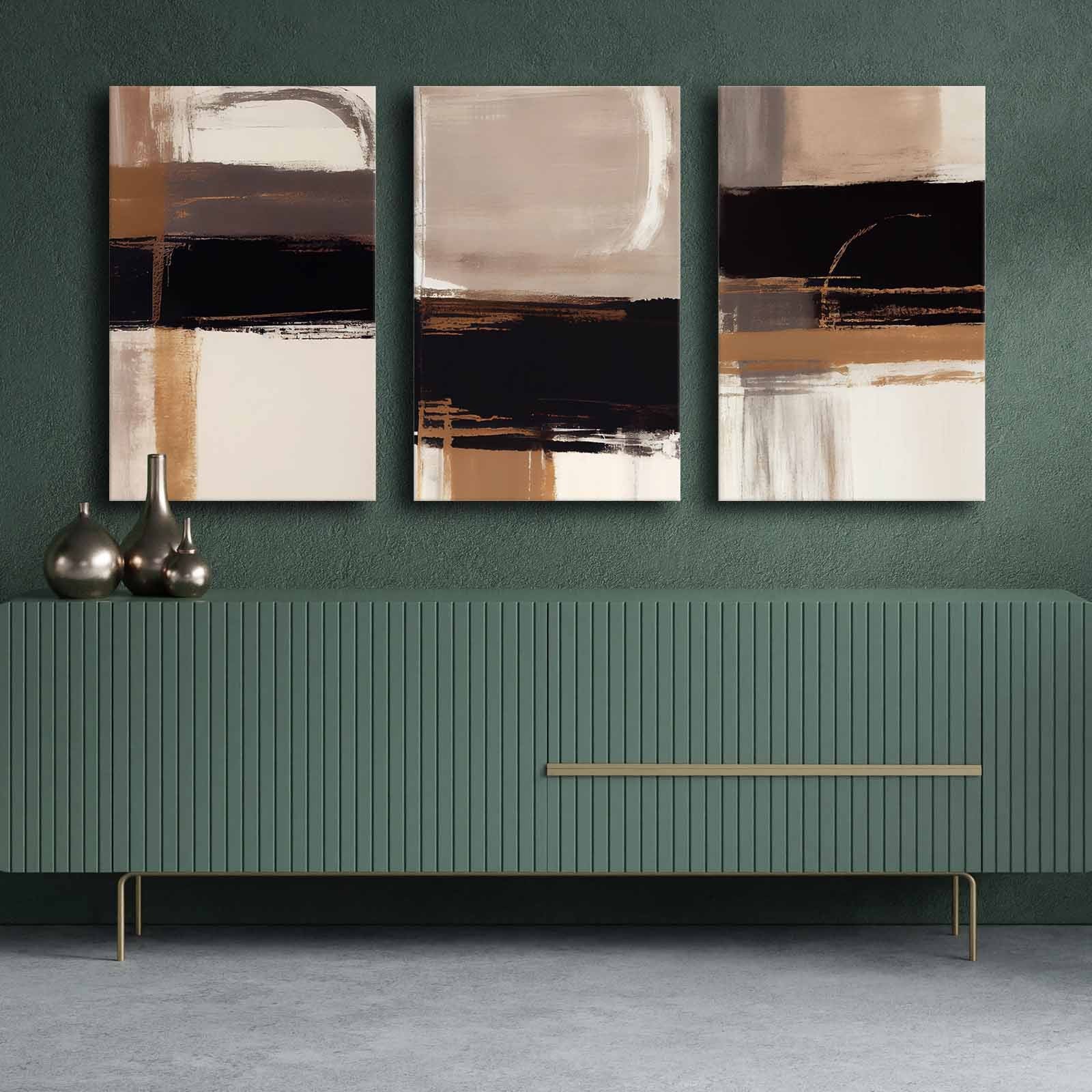 Conjunto de pinturas decorativas em tela (3 peças) – 45 x 70 cm cada – moldura de madeira de pinho