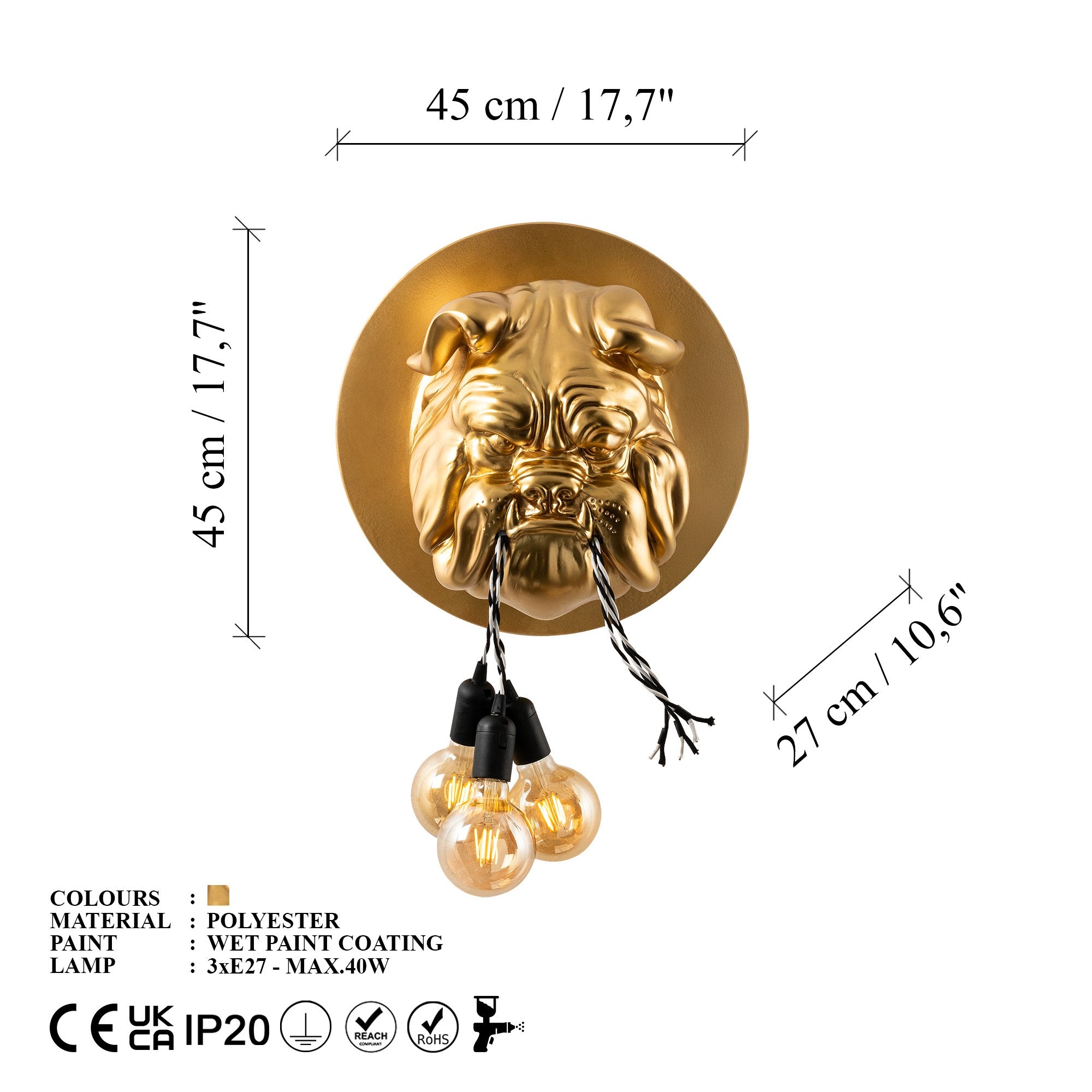 Candeeiro de Parede – 45 x 45 x 27 cm – Dourado – Poliéster