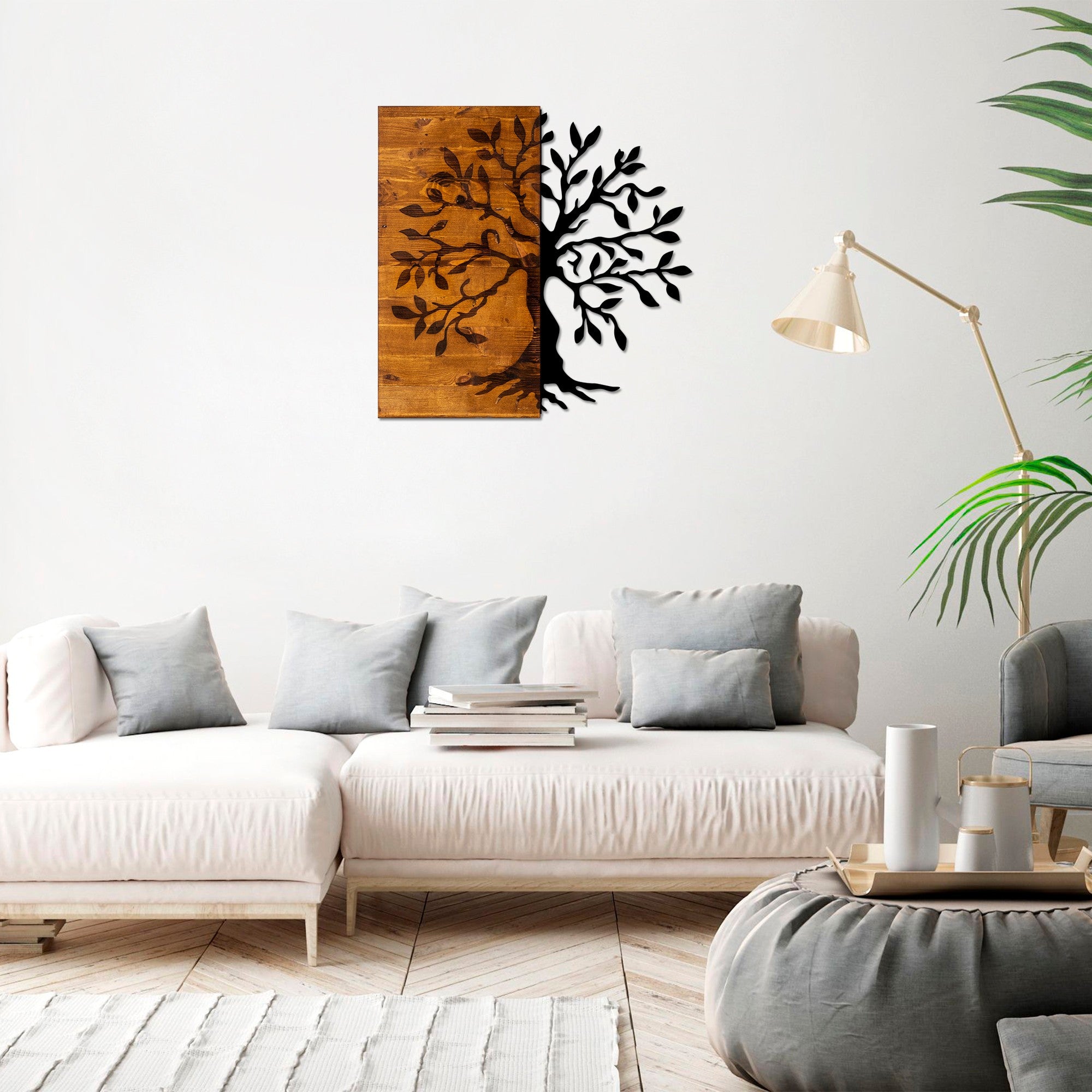 Acessório decorativo de parede em madeira – 58 x 58 cm – nogueira e preto – 50% madeira e 50% metal
