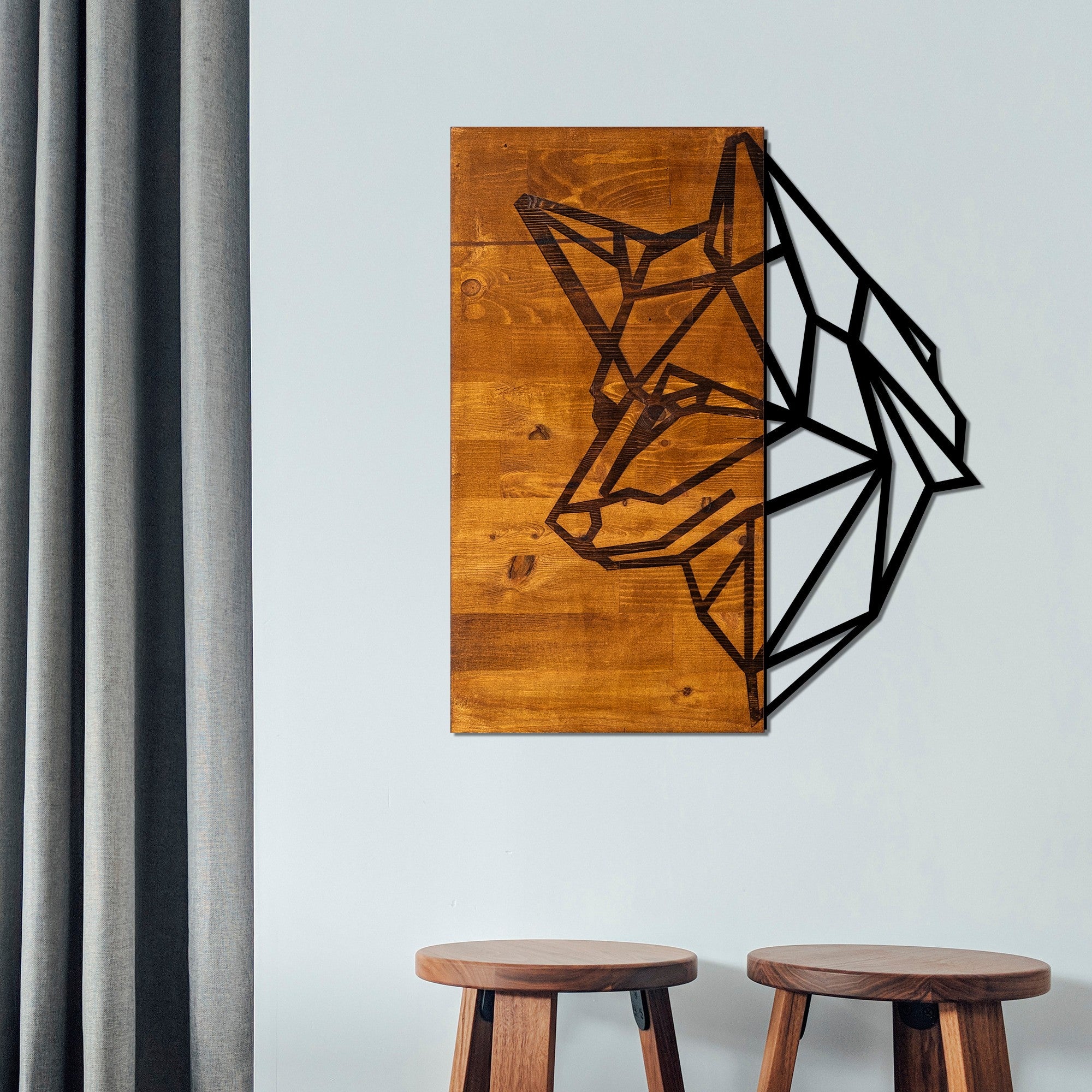 Elegante acessório decorativo de parede em madeira, 50 x 58 cm | 50% madeira (3 cm de espessura) e 50% metal | Acabamento exclusivo em nogueira e preto, perfeito para qualquer espaço