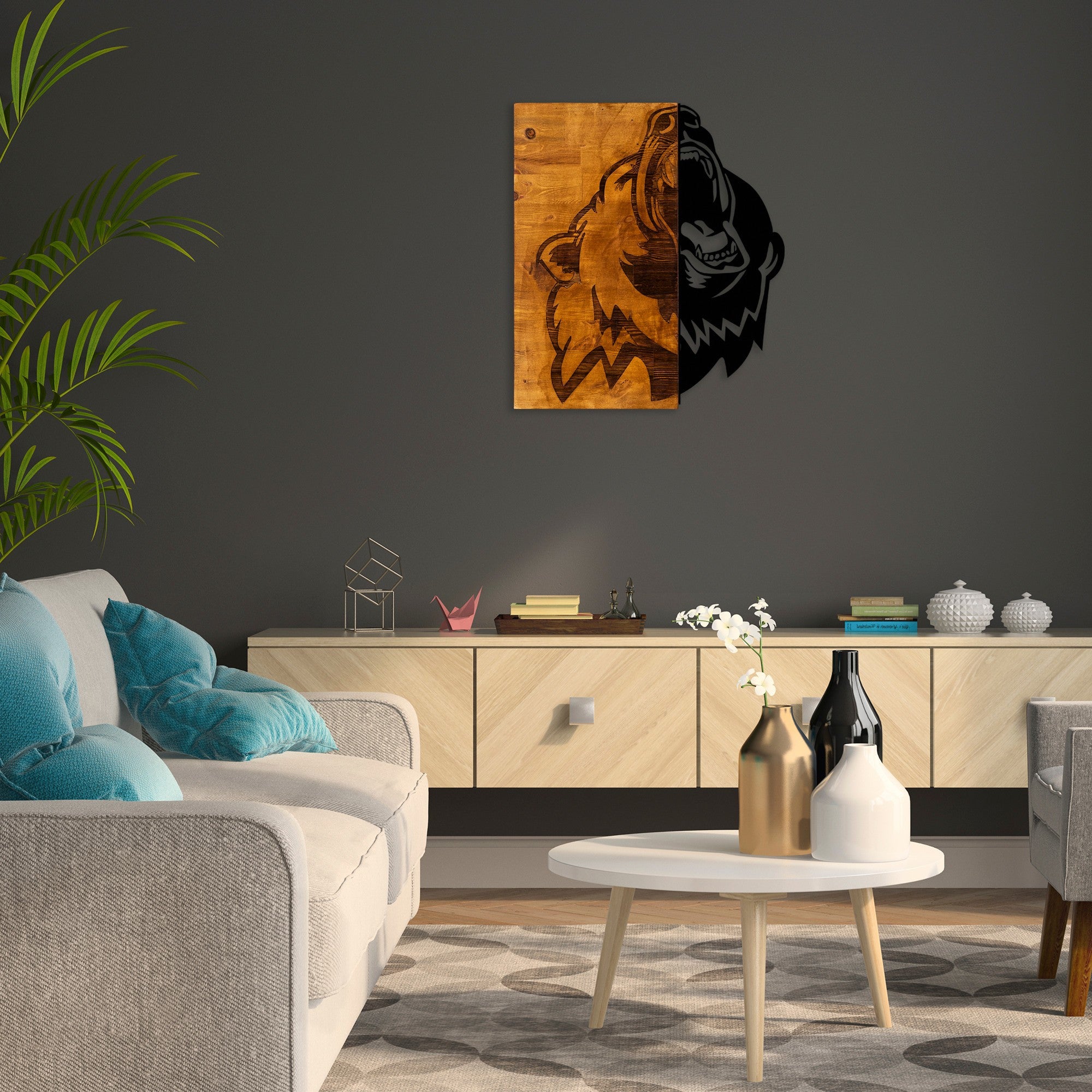 Acessório decorativo de parede – 49 x 58 cm – Nogueira e preto – Madeira e metal