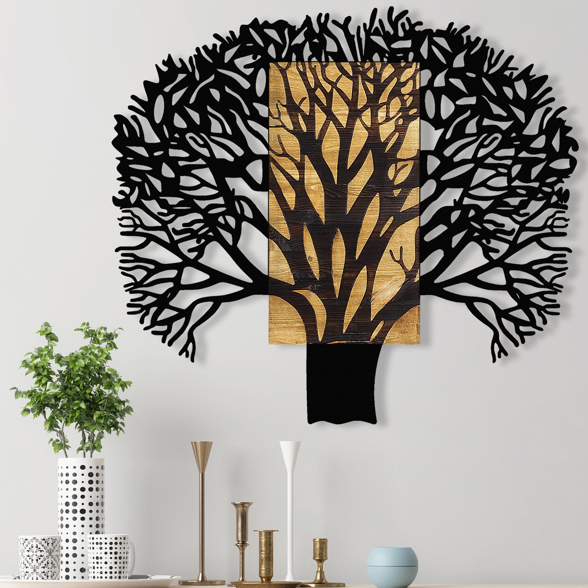 Elegante acessório decorativo de parede em madeira, nogueira e preto, 93 x 3 x 86 cm | 100% metal (1,5 mm) e madeira natural (3 cm) | Variações de cores exclusivas para uma decoração elegante