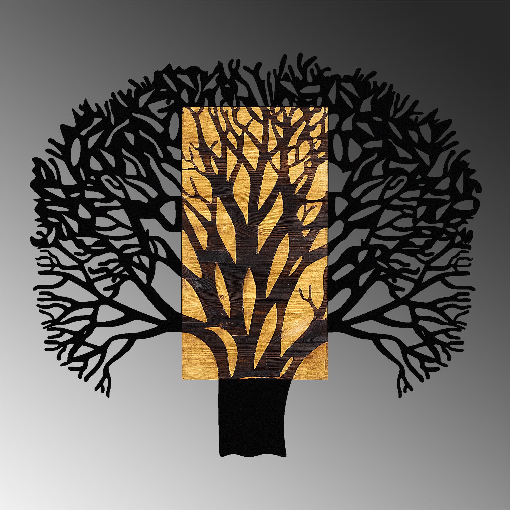 Elegante acessório decorativo de parede em madeira, nogueira e preto, 93 x 3 x 86 cm | 100% metal (1,5 mm) e madeira natural (3 cm) | Variações de cores exclusivas para uma decoração elegante