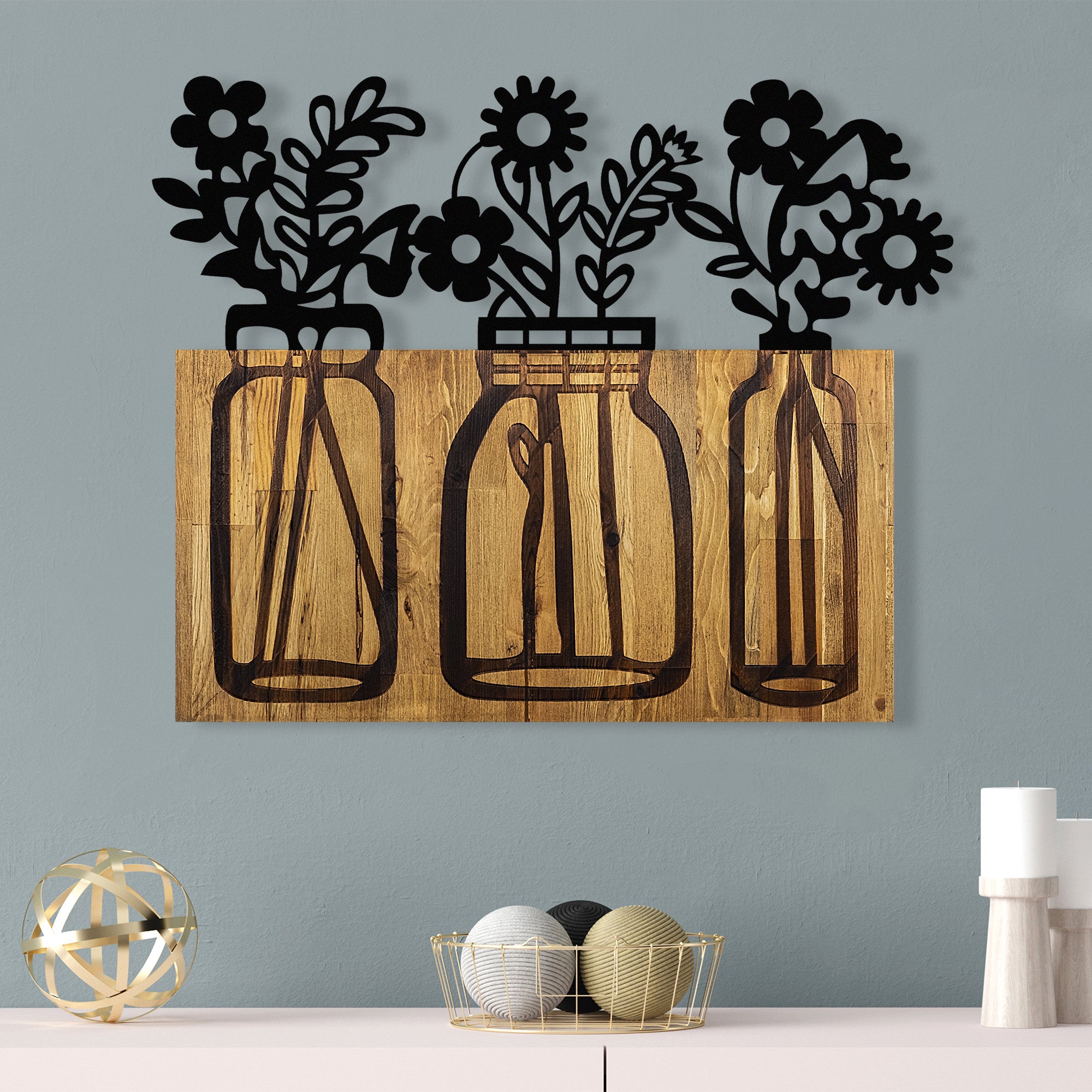 Acessório decorativo de parede – 65 x 3 x 52 cm – nogueira e preto – metal e madeira