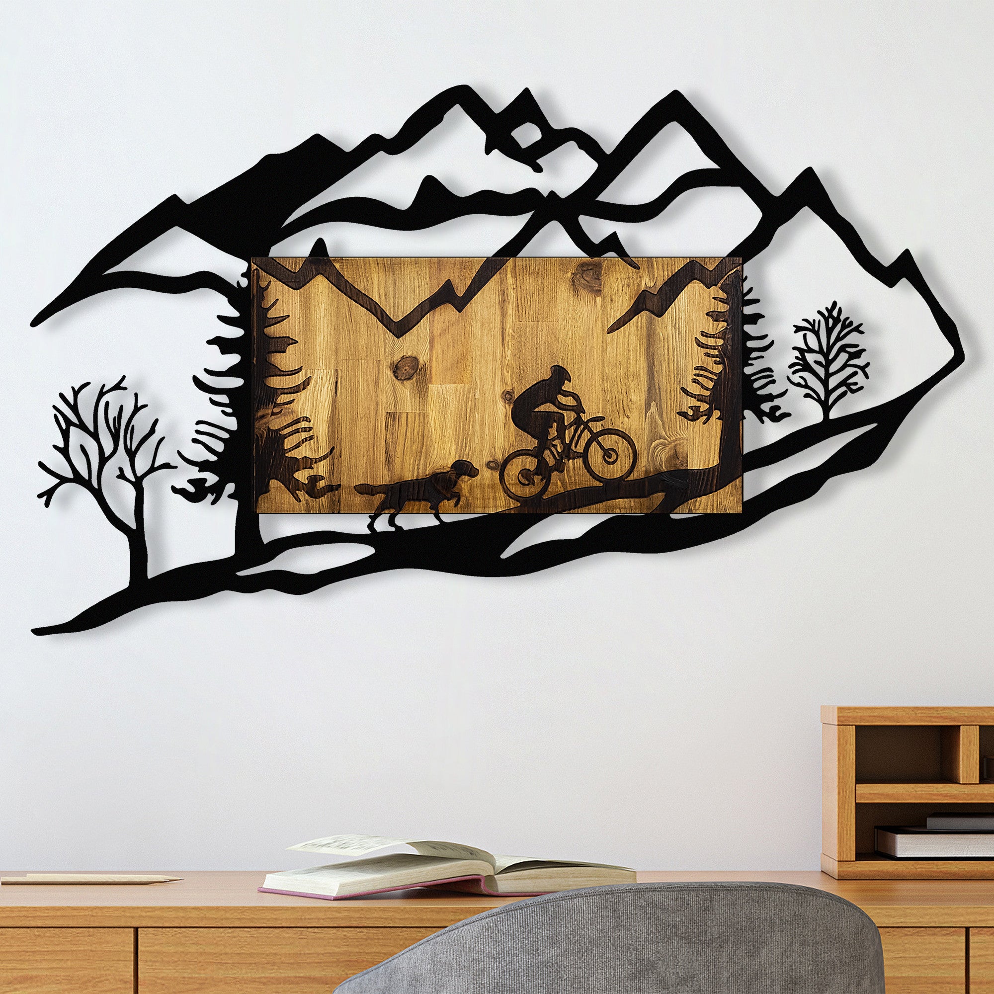 Acessório decorativo de parede – 110 x 3 x 65 cm – Nogueira e preto – Metal e madeira natural
