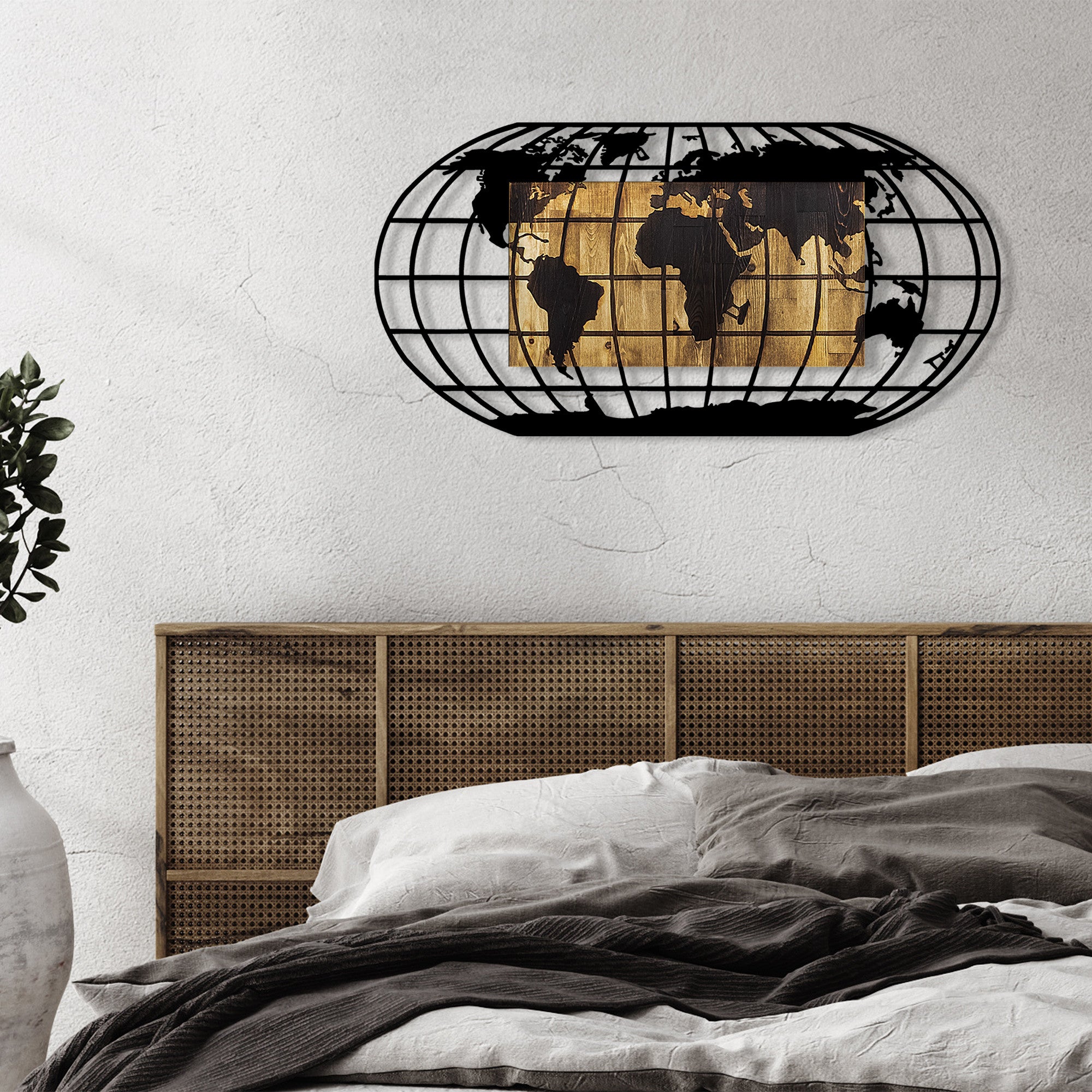 Acessório decorativo de parede – 102 x 3 x 50 cm – nogueira e preto – metal e madeira