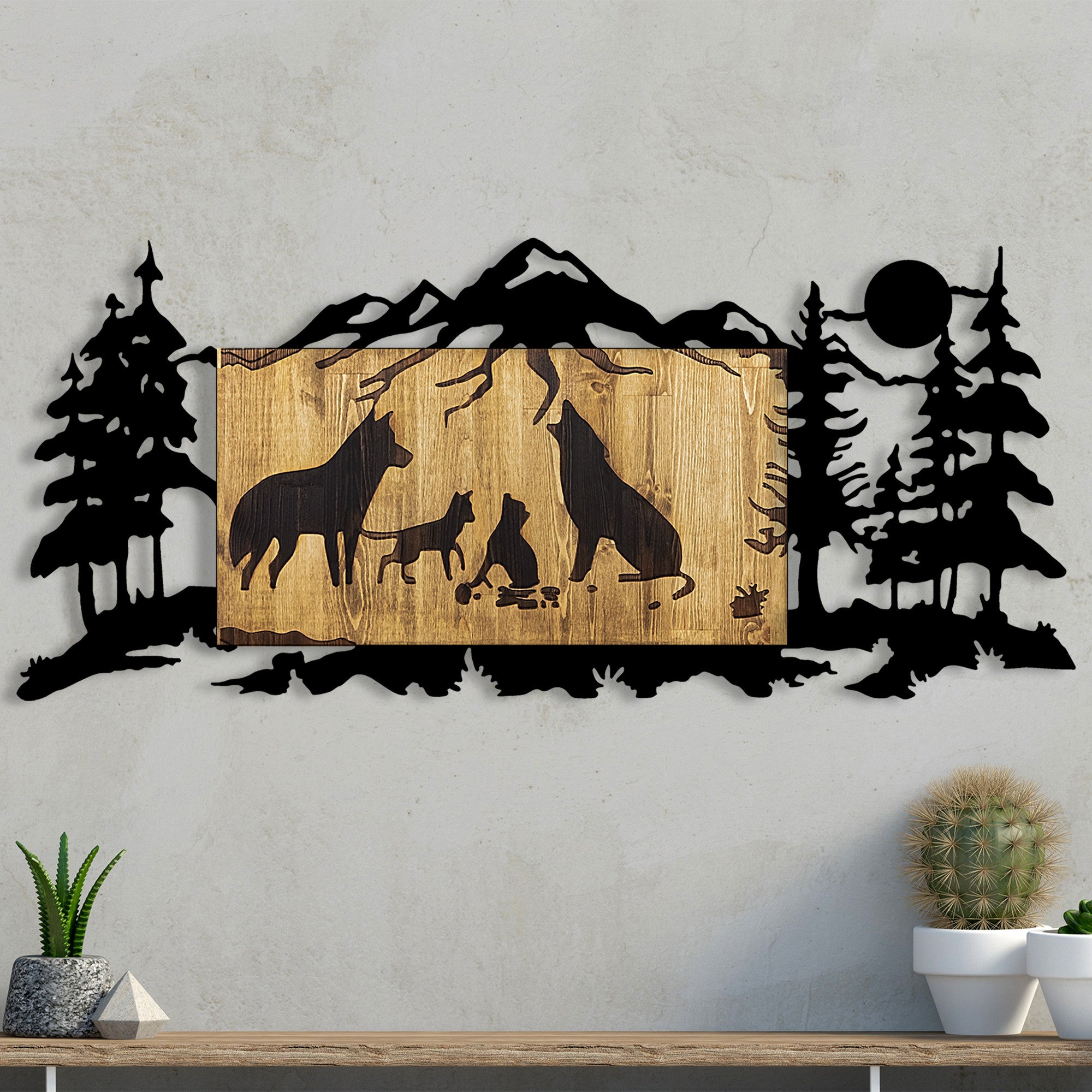 Elegante acessório decorativo de parede em madeira, nogueira e preto, 108 x 3 x 47 cm | 100% metal (1,5 mm) e madeira natural (3 cm) | Variações de cores exclusivas para uma decoração elegante