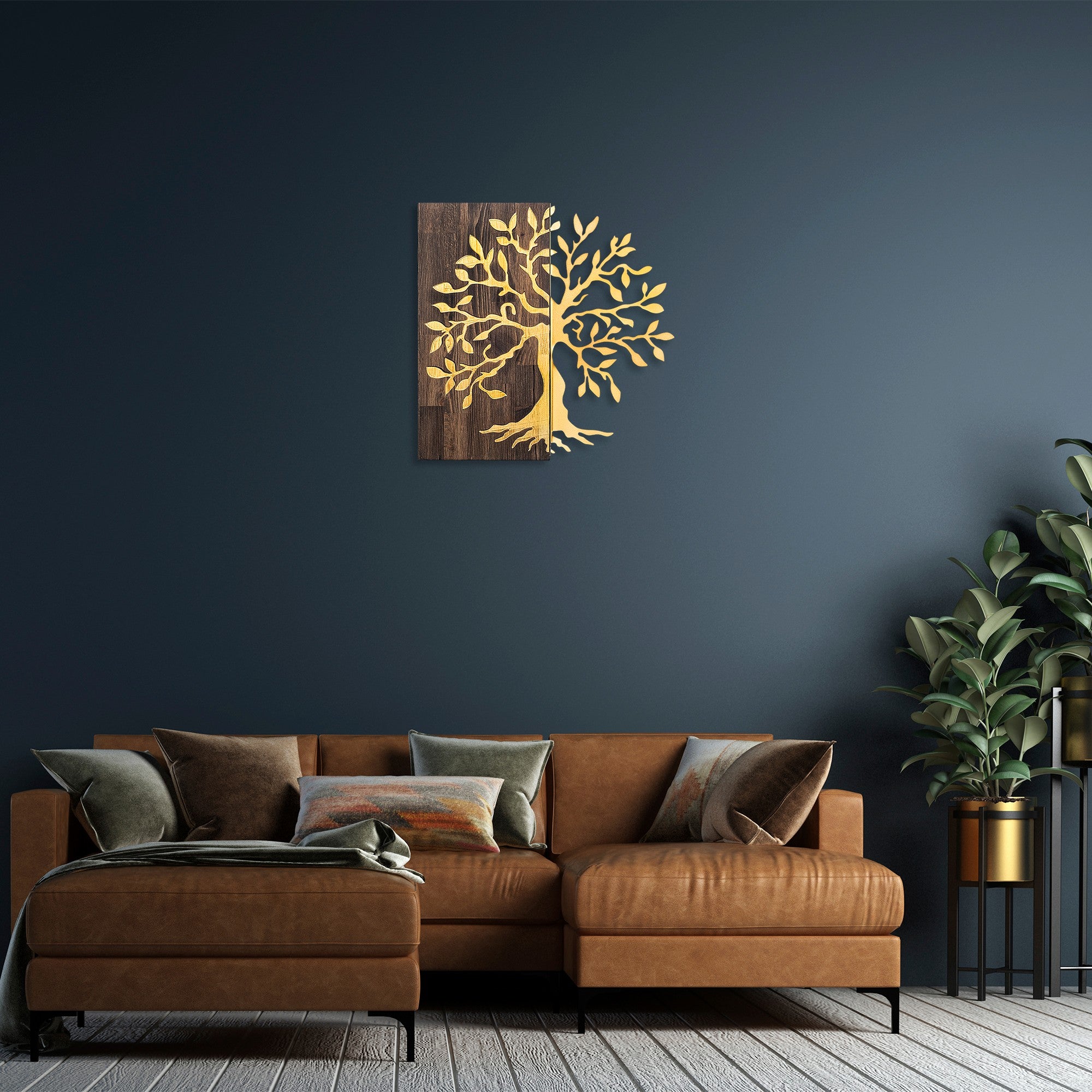 Acessório Decorativo de Parede – 58 x 58 cm – Nogueira e Dourado – Madeira e Metal
