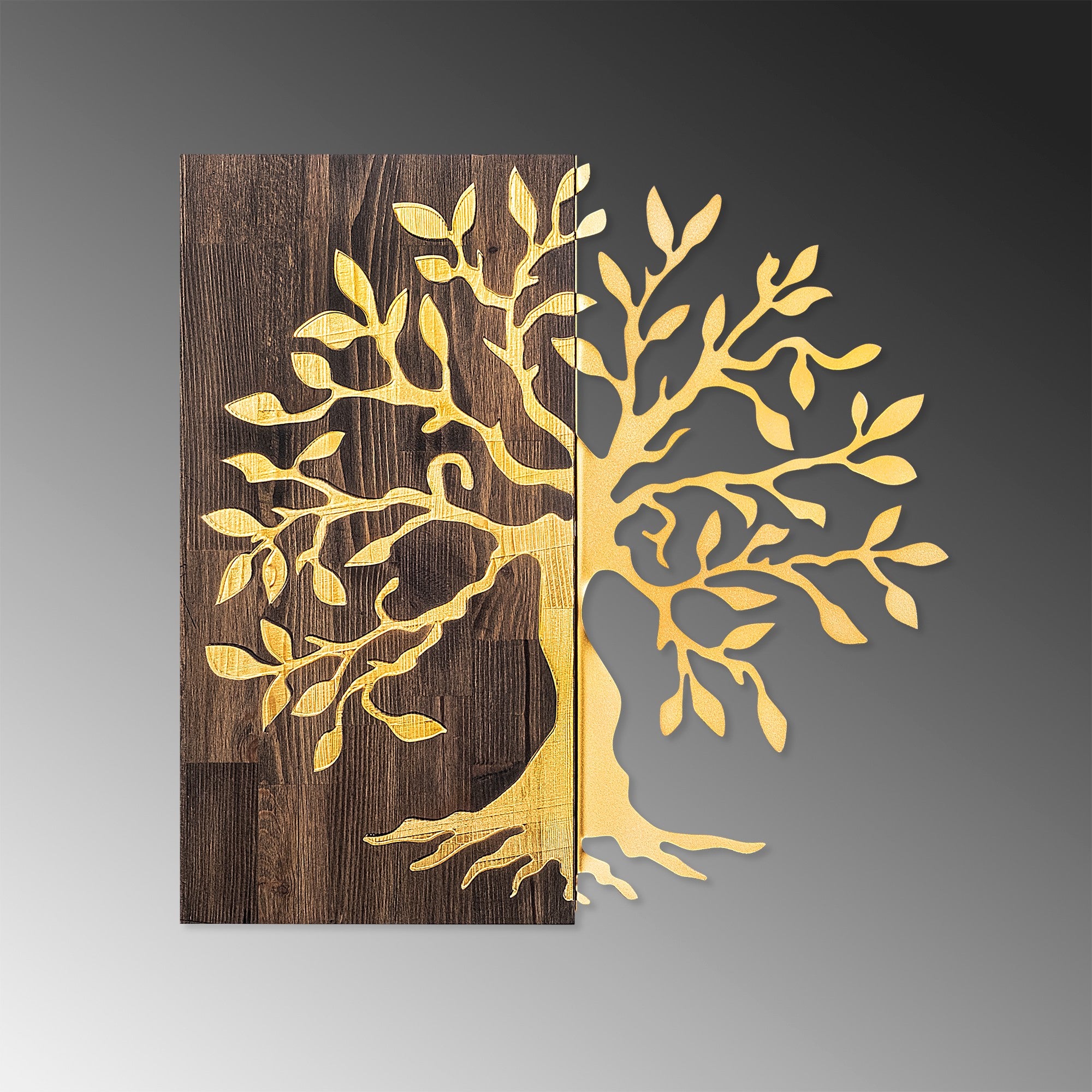 Acessório Decorativo de Parede – 58 x 58 cm – Nogueira e Dourado – Madeira e Metal