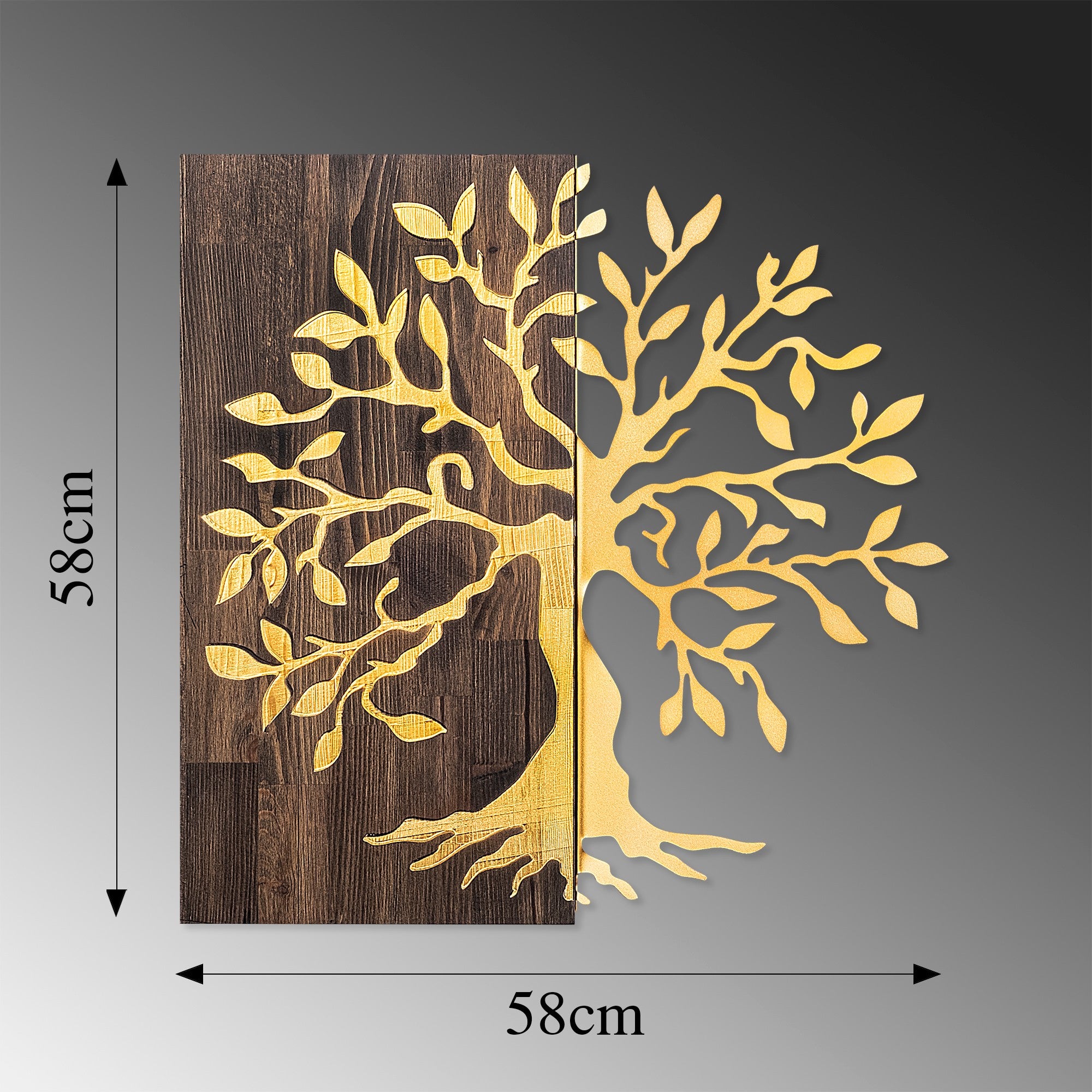 Acessório Decorativo de Parede – 58 x 58 cm – Nogueira e Dourado – Madeira e Metal