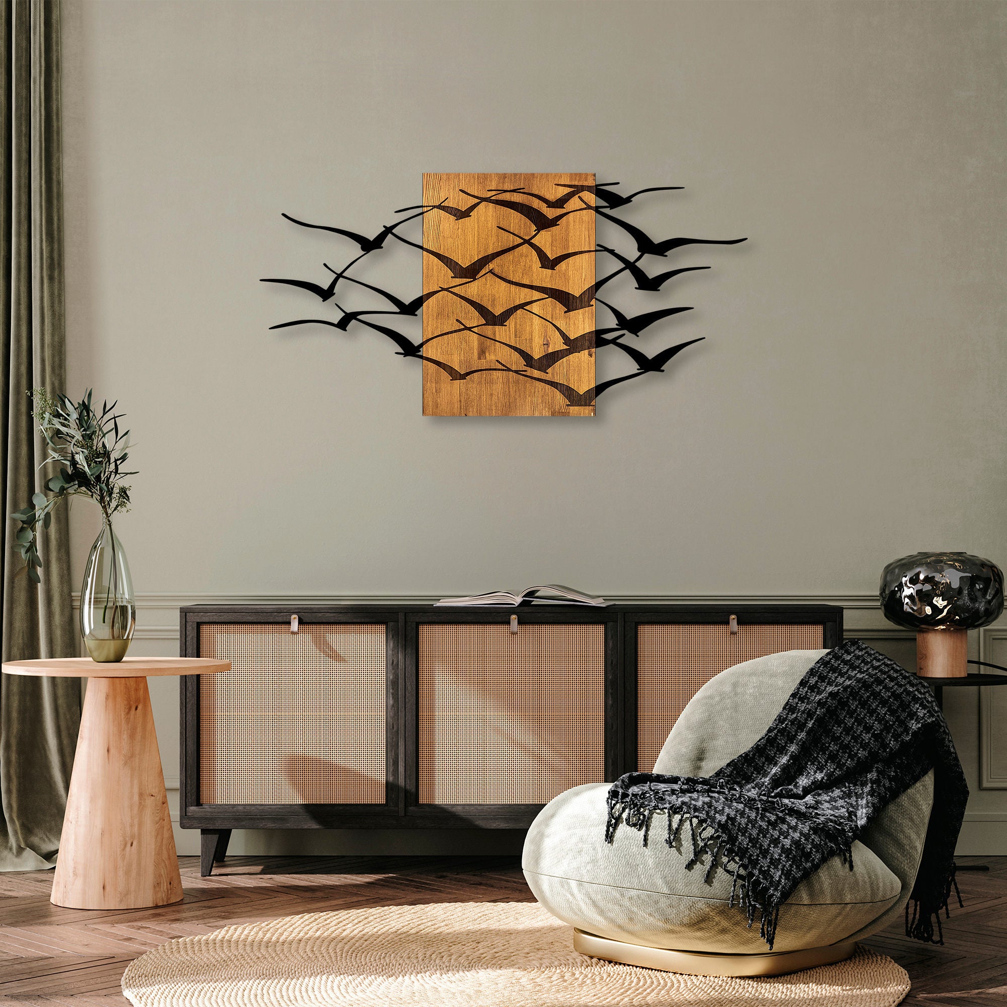Acessório decorativo de parede – 70 x 140 cm – nogueira e preto – madeira e metal