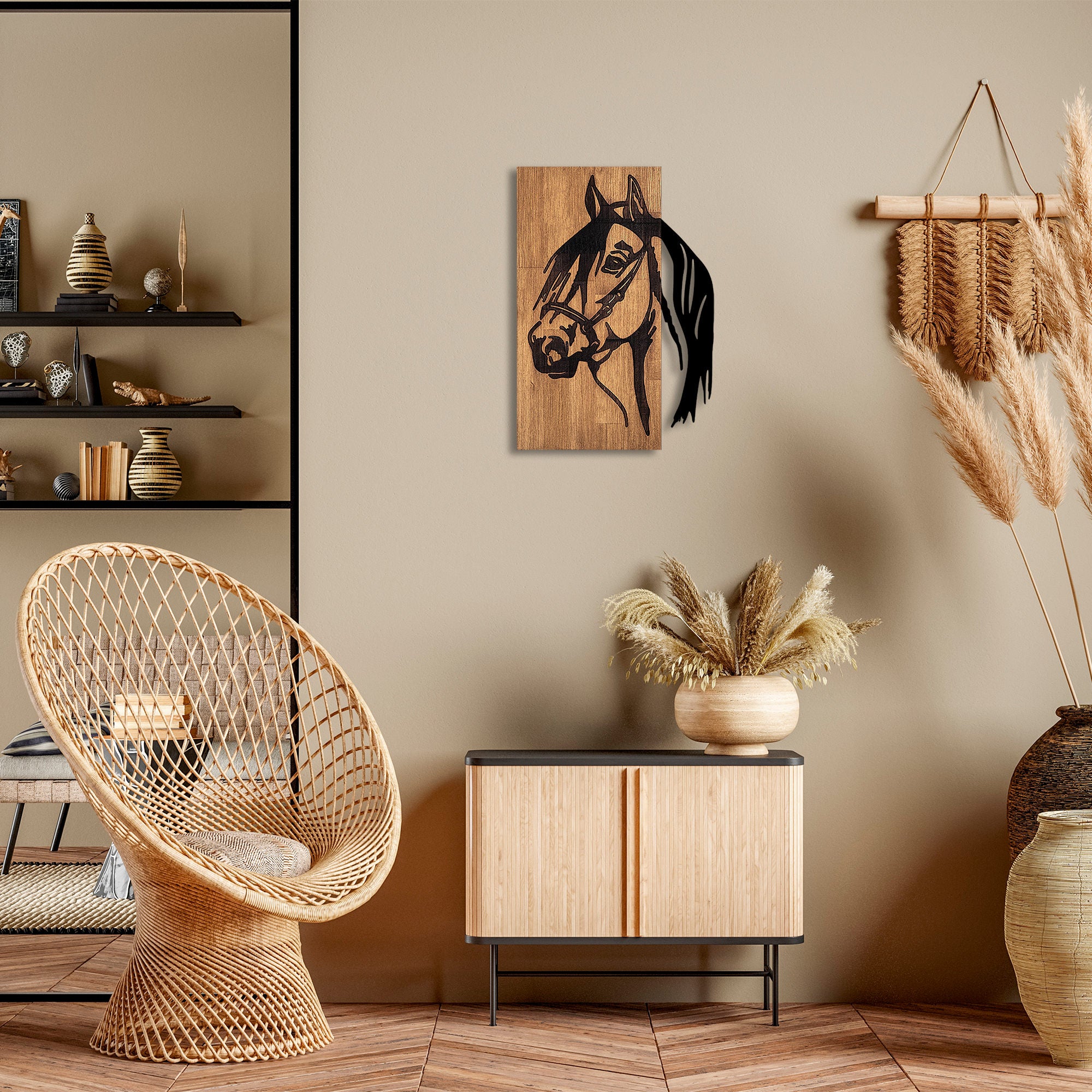 Acessório decorativo de parede em madeira, preto e nogueira, 40 x 3 x 58 cm | 50% madeira (3 cm) e 50% metal (1,5 mm) | Design exclusivo para decoração elegante
