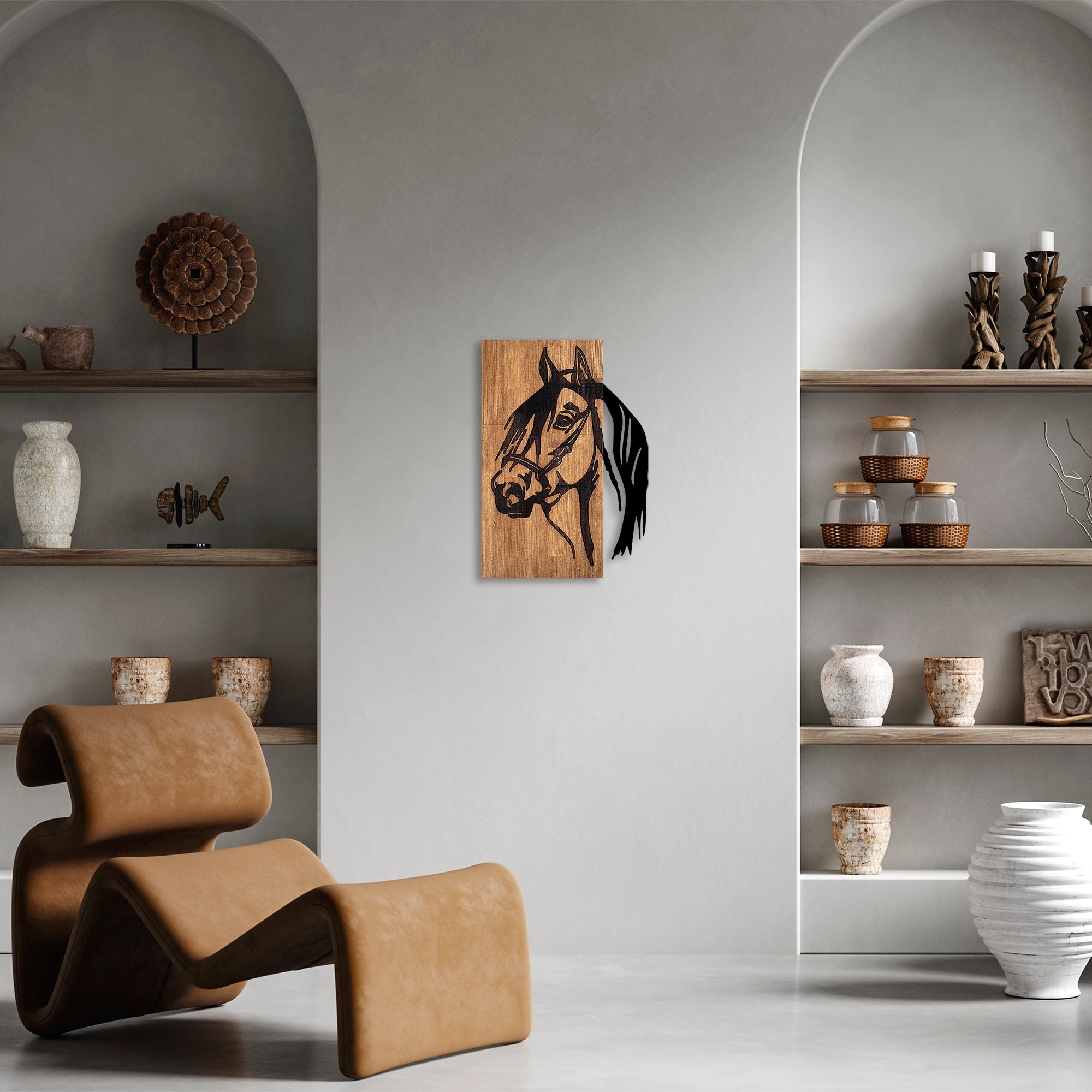 Acessório decorativo de parede em madeira, preto e nogueira, 40 x 3 x 58 cm | 50% madeira (3 cm) e 50% metal (1,5 mm) | Design exclusivo para decoração elegante