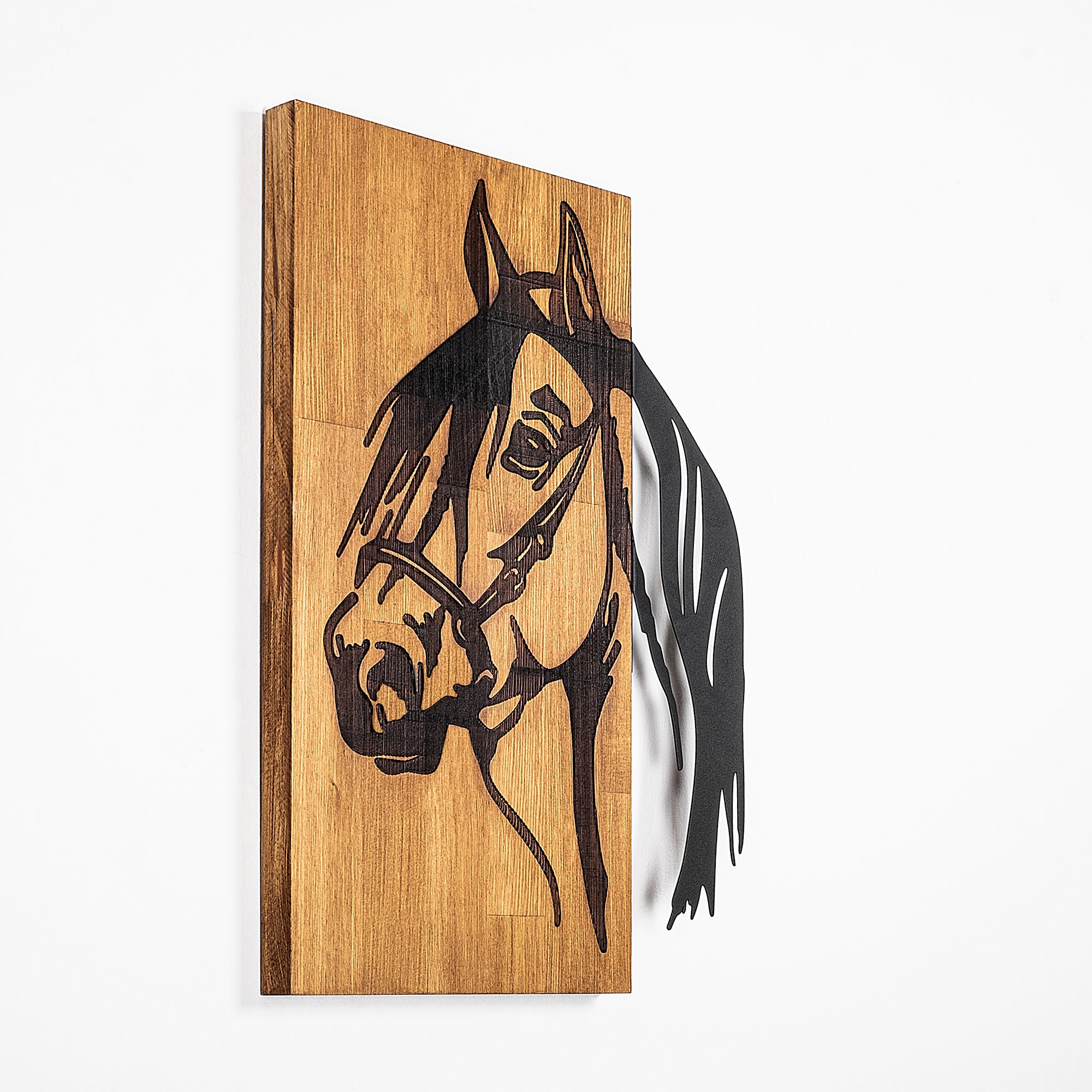 Acessório decorativo de parede em madeira, preto e nogueira, 40 x 3 x 58 cm | 50% madeira (3 cm) e 50% metal (1,5 mm) | Design exclusivo para decoração elegante