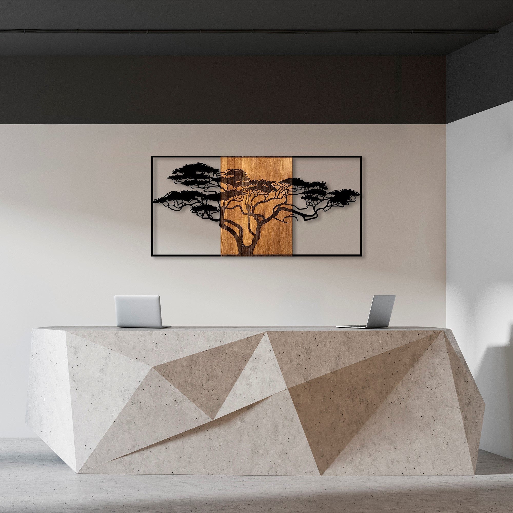 Acessório decorativo de parede – 147 x 3 x 70 cm – preto e nogueira – madeira e metal