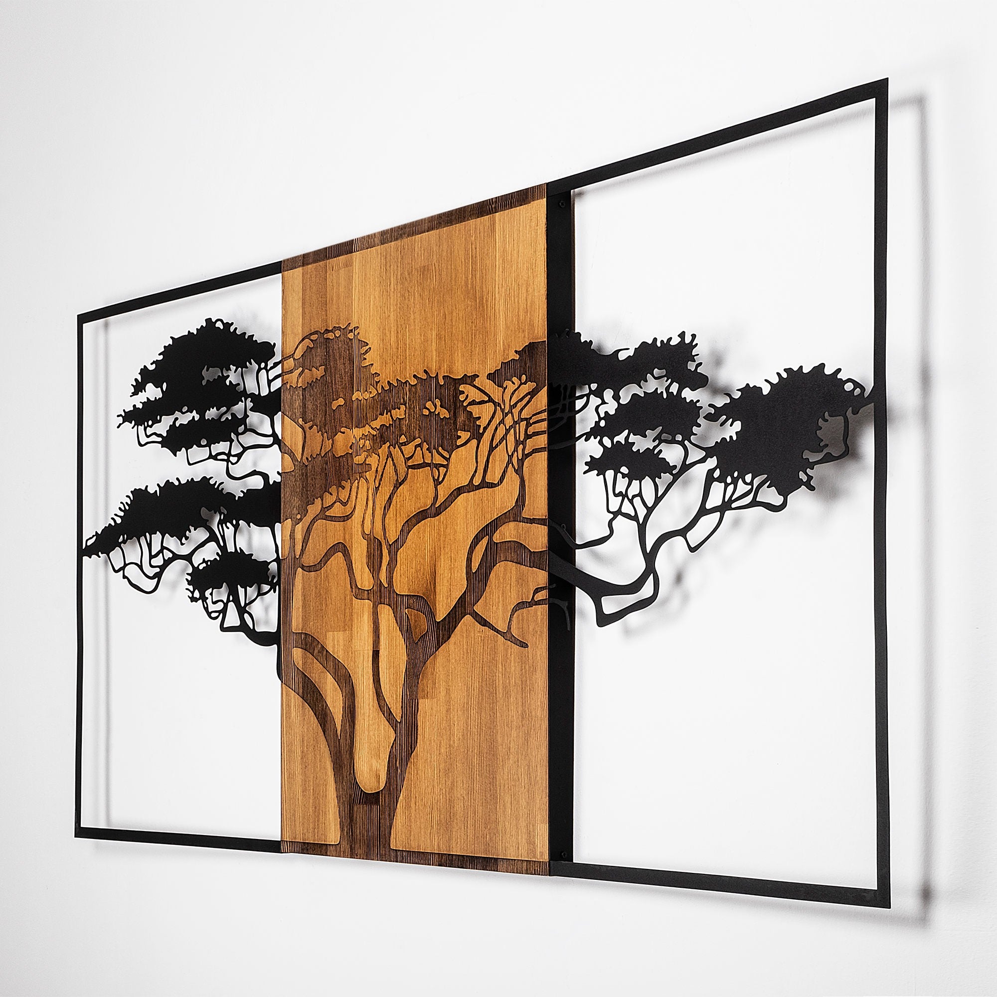 Acessório decorativo de parede – 147 x 3 x 70 cm – preto e nogueira – madeira e metal