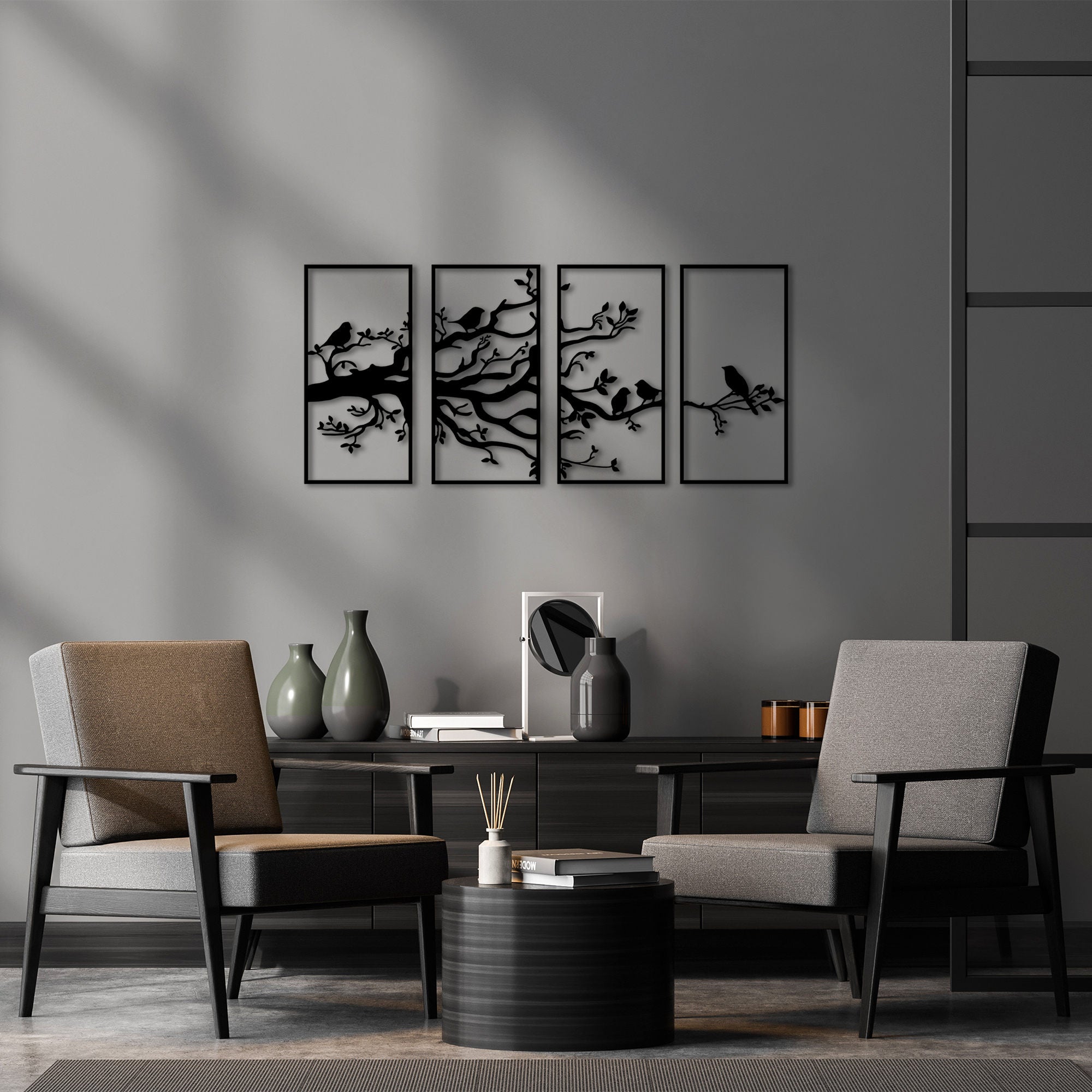 Acessório de parede decorativo de metal preto elegante (4 peças), 34 x 70 cm | 100% metal, 1,5 mm de espessura | Perfeito para decoração de casa moderna e paredes de galeria