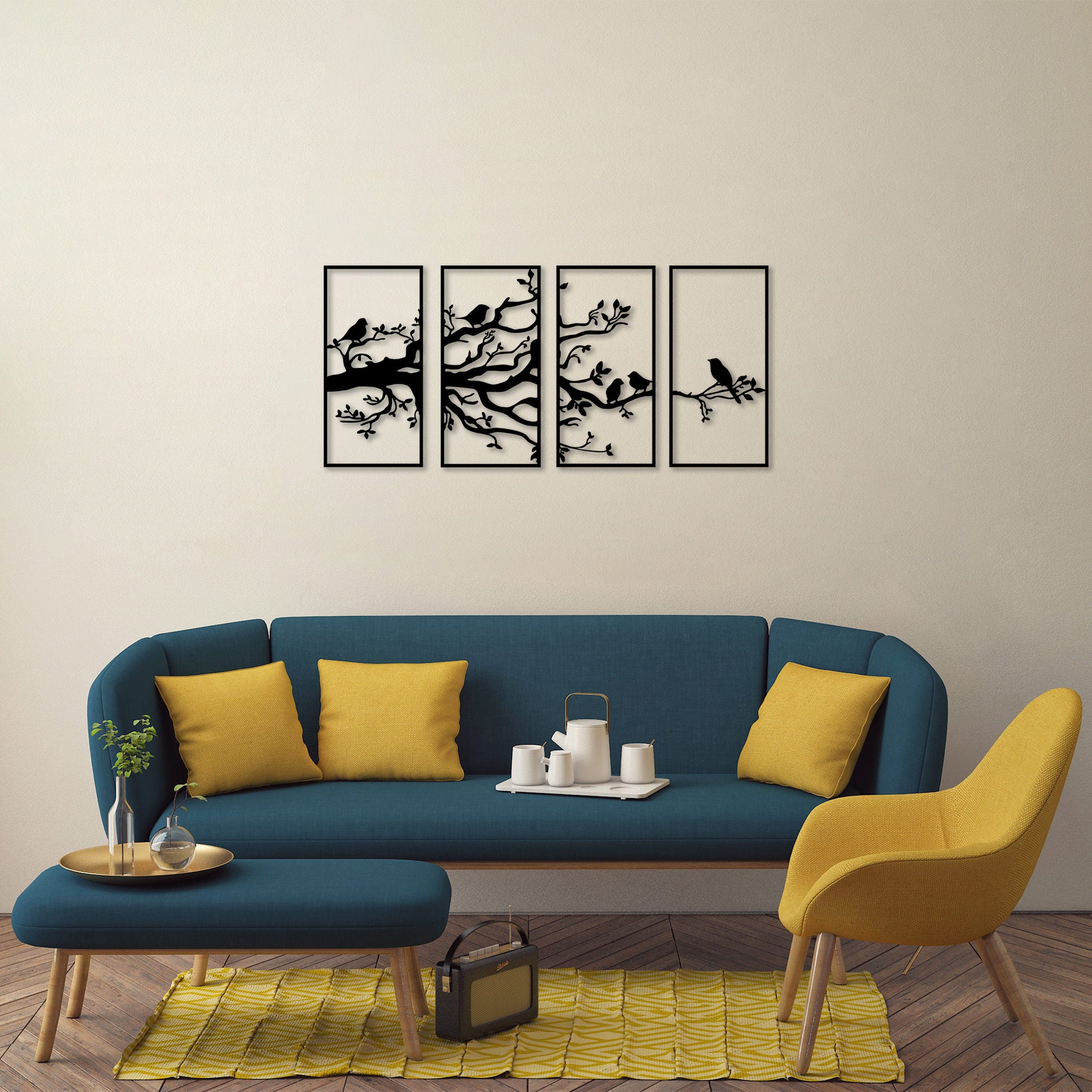 Acessório de parede decorativo de metal preto elegante (4 peças), 34 x 70 cm | 100% metal, 1,5 mm de espessura | Perfeito para decoração de casa moderna e paredes de galeria