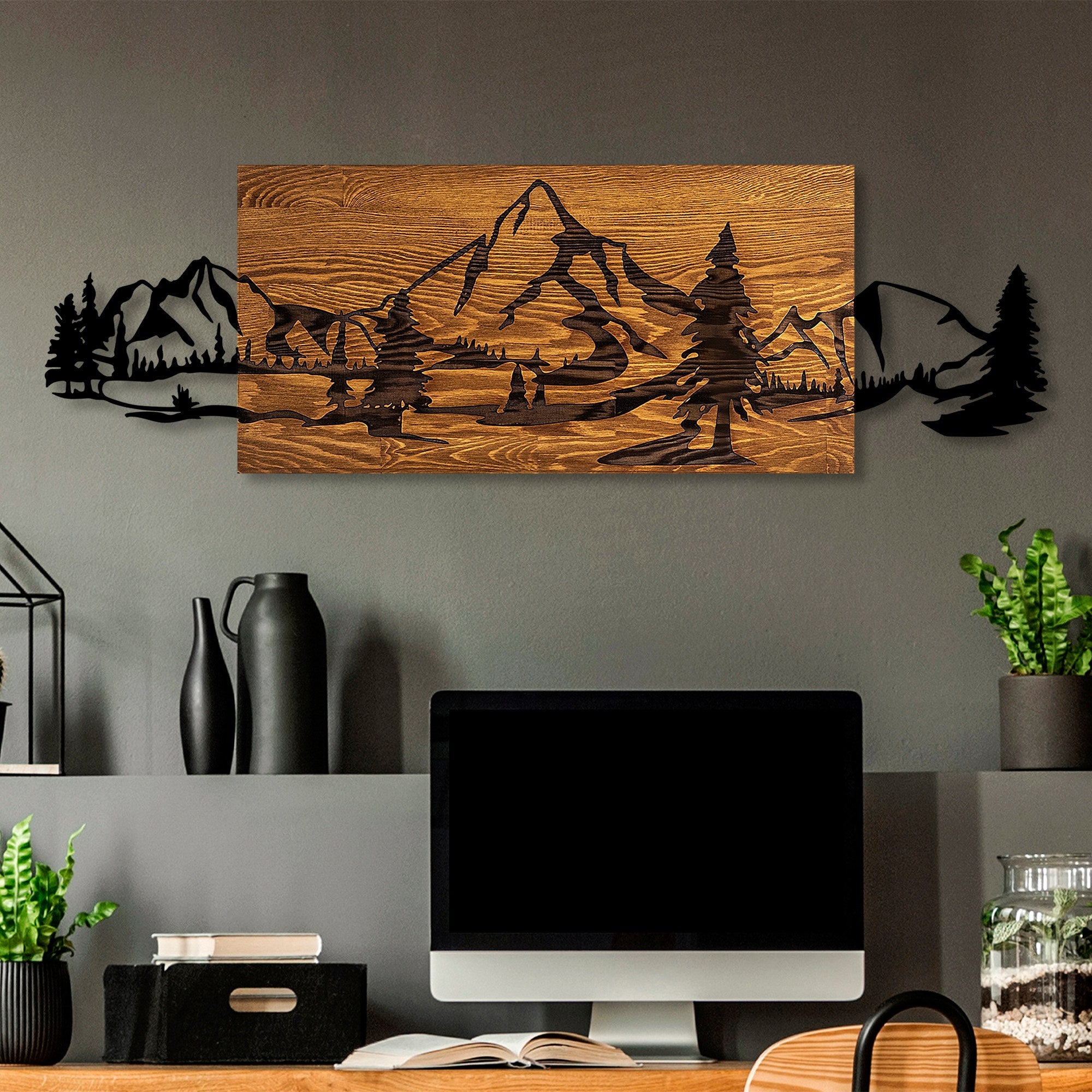 Acessório Decorativo de Parede – 30 x 95 cm – Nogueira e Preto – Madeira e Metal