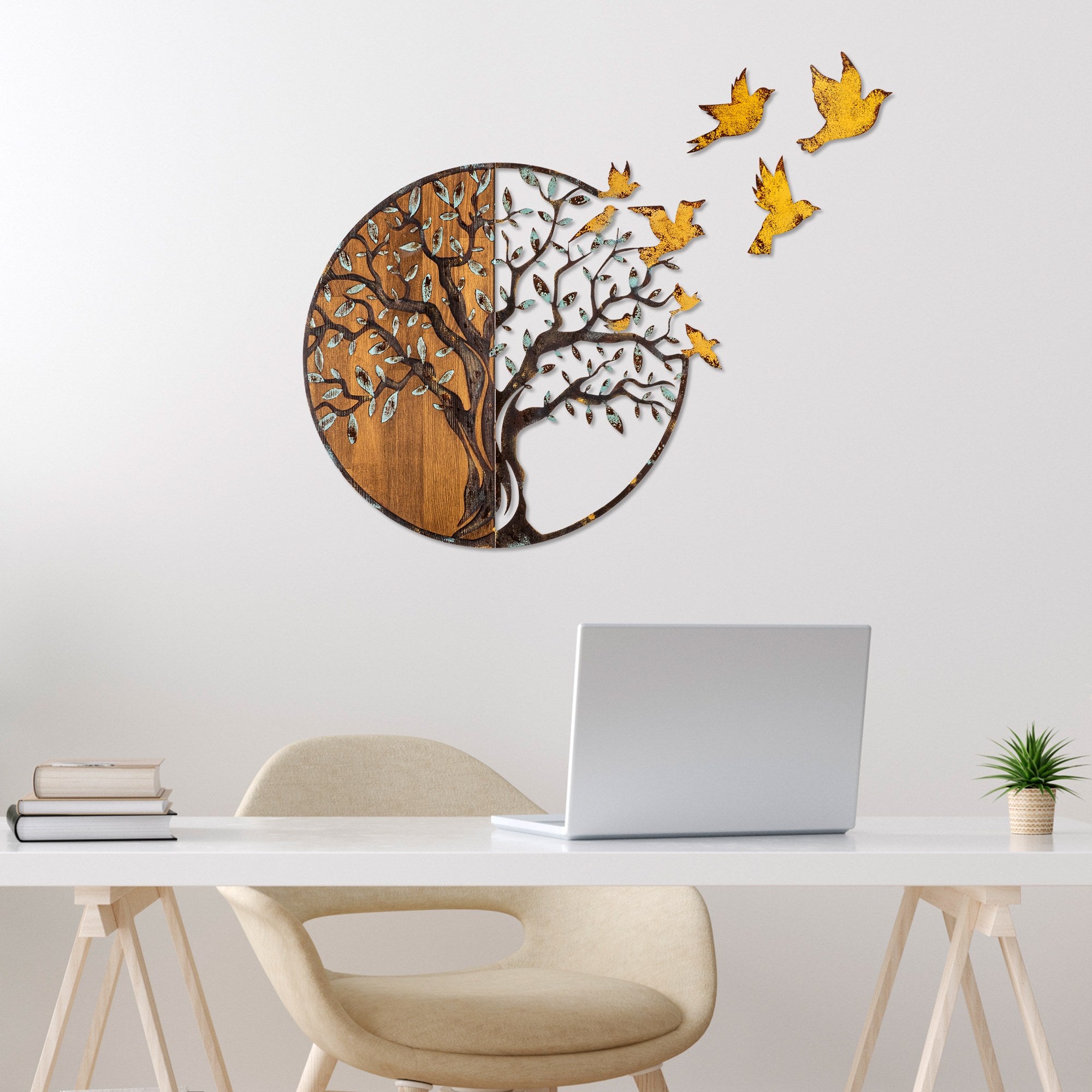 Acessório decorativo de parede em madeira pintado à mão, 92 x 71 x 3 cm | 100% madeira maciça (3 cm) e metal (1,5 mm) | Design exclusivo com variações naturais