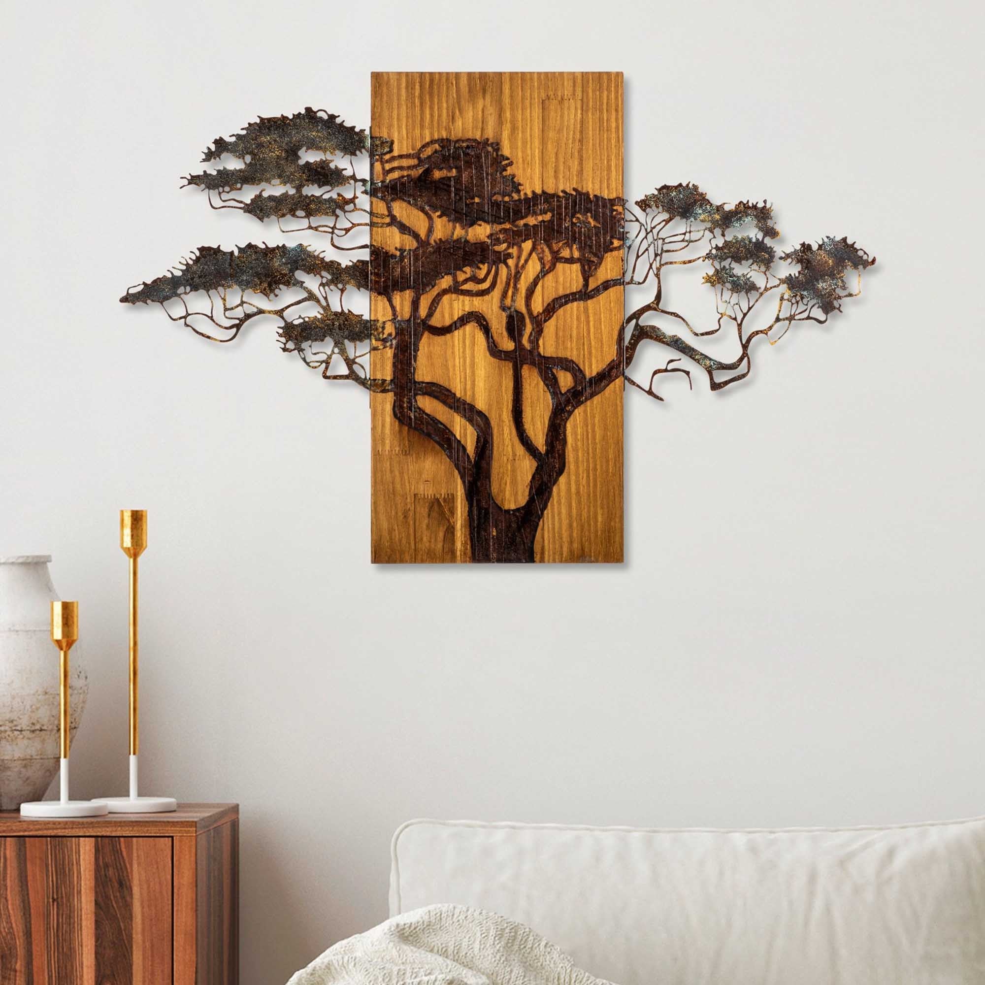 Acessório decorativo de parede de madeira pintado à mão, 90 x 58 x 3 cm | 100% madeira maciça (3 cm) e metal (1,5 mm) | Arte única para decoração de casa, variações naturais