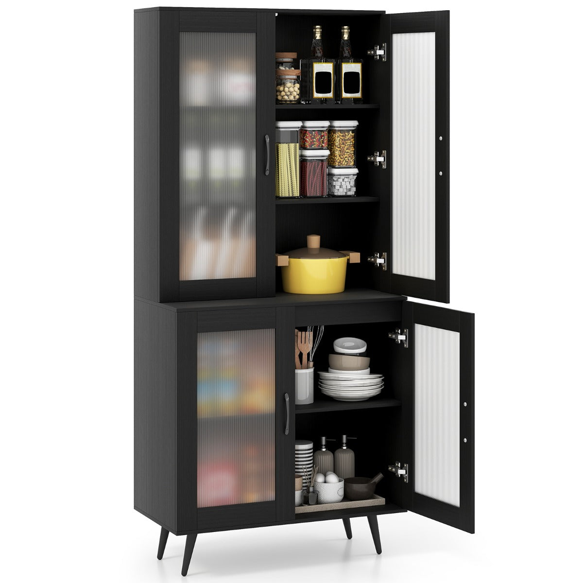 Armário de Despensa de Cozinha com 4 Portas Estante Ajustável com Pernas Metálicas para Sala de Jantar 80 x 40 x 178,5 cm Preto