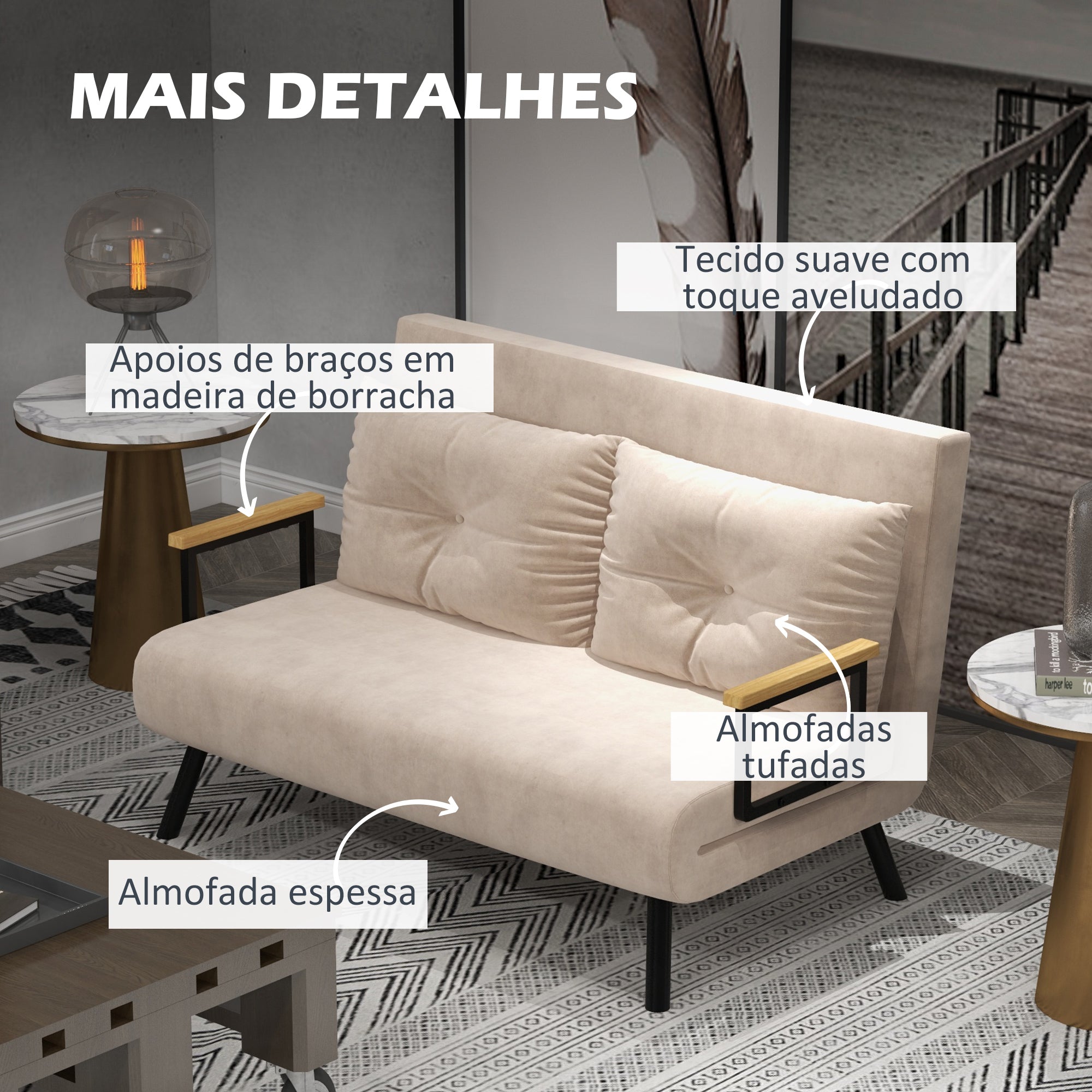 Sofá Cama Convertível em Cama de 2 Lugares 102x73x81 cm - Bege
