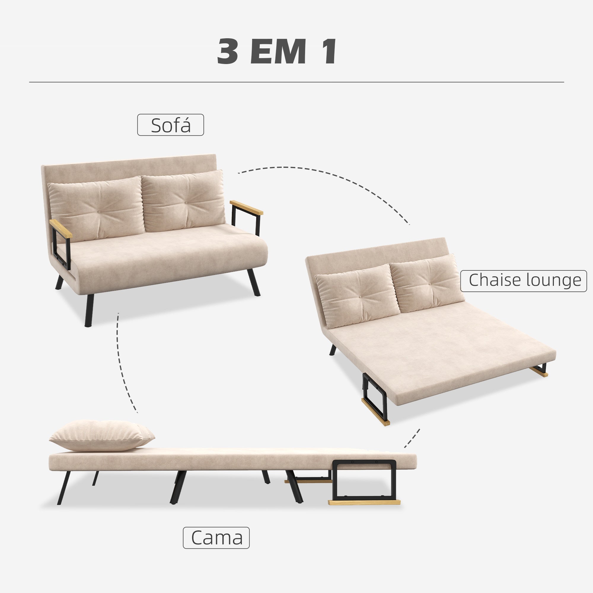 Sofá Cama Convertível em Cama de 2 Lugares 102x73x81 cm - Bege
