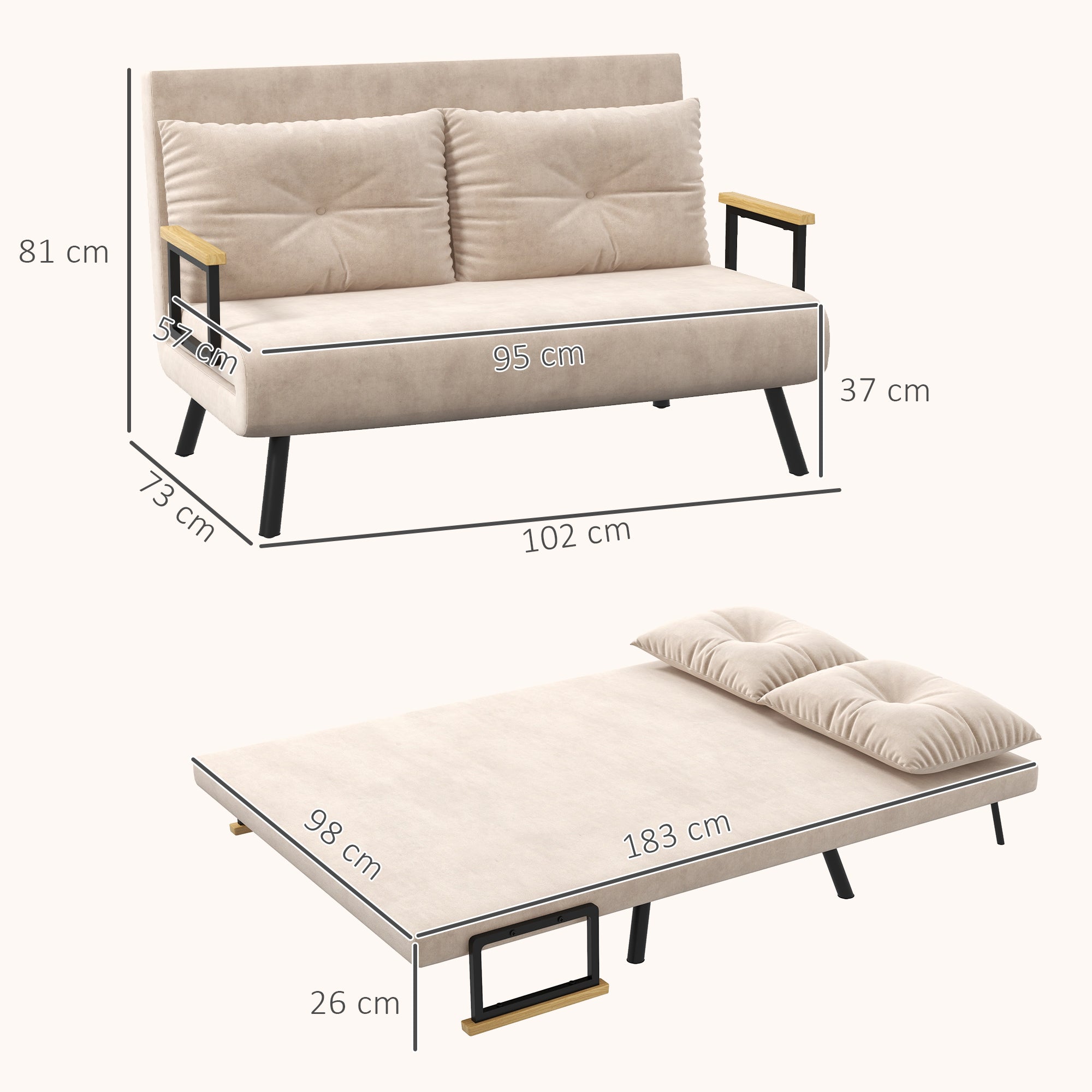 Sofá Cama Convertível – 102x73x81 cm – Bege – Aço, Veludo, Madeira