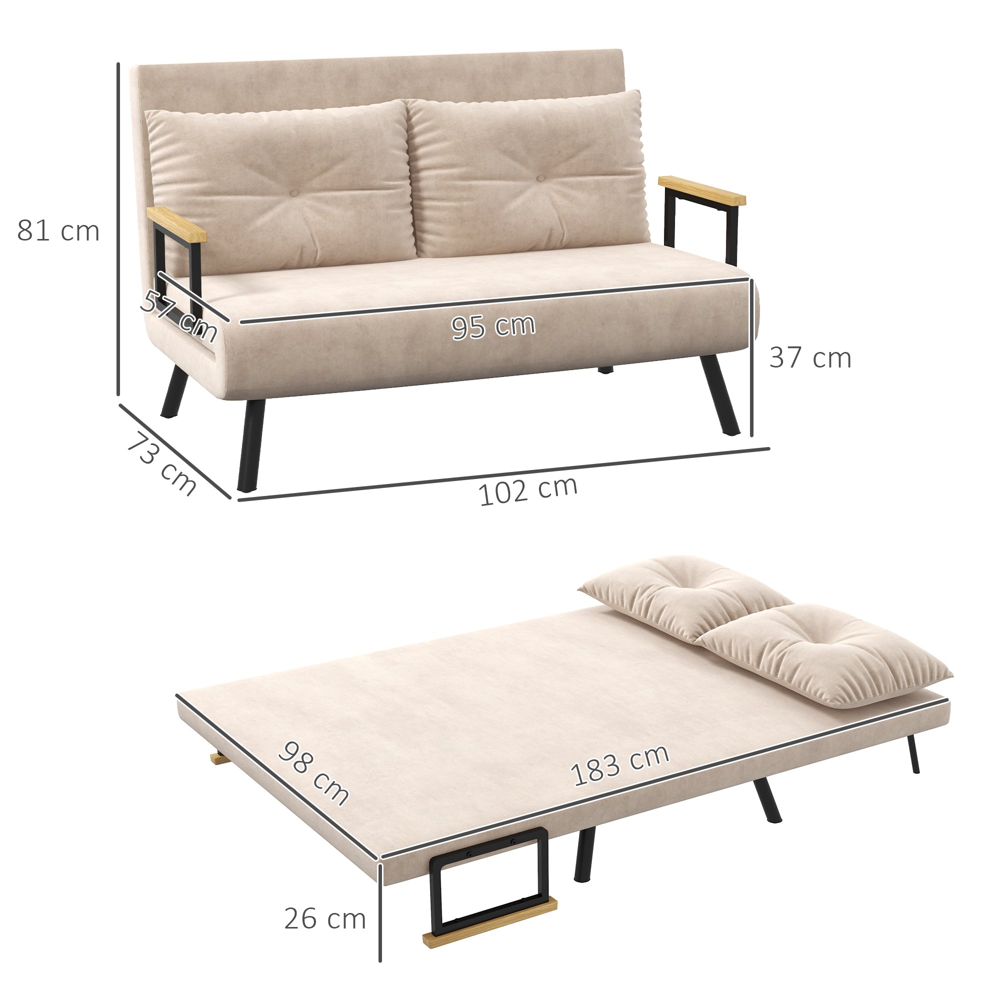 Sofá Cama Convertível em Cama de 2 Lugares 102x73x81 cm - Bege