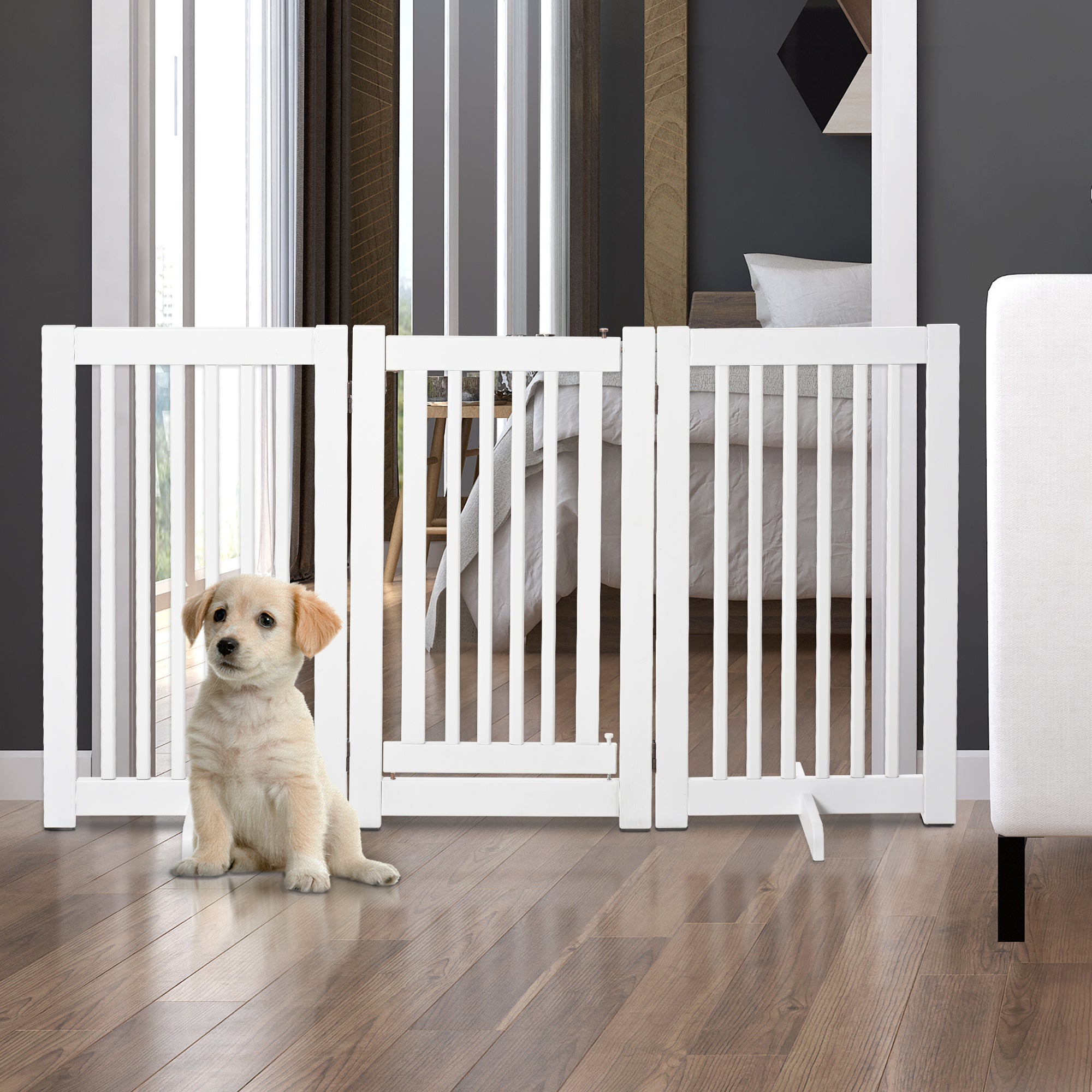 Barreira para Cães de Madeira Dobrável 3 Painéis 155x35,5x76 cm Branco