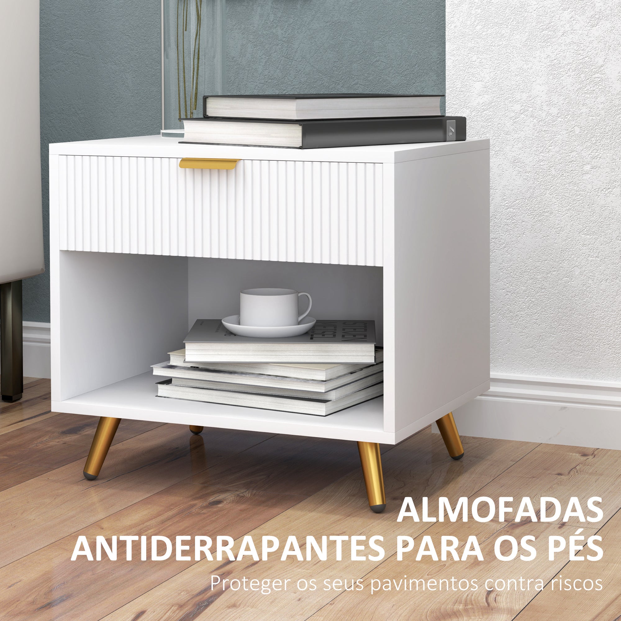 Mesa de Cabeceira Moderna 50x40x47 cm Branco com Detalhes Dourados