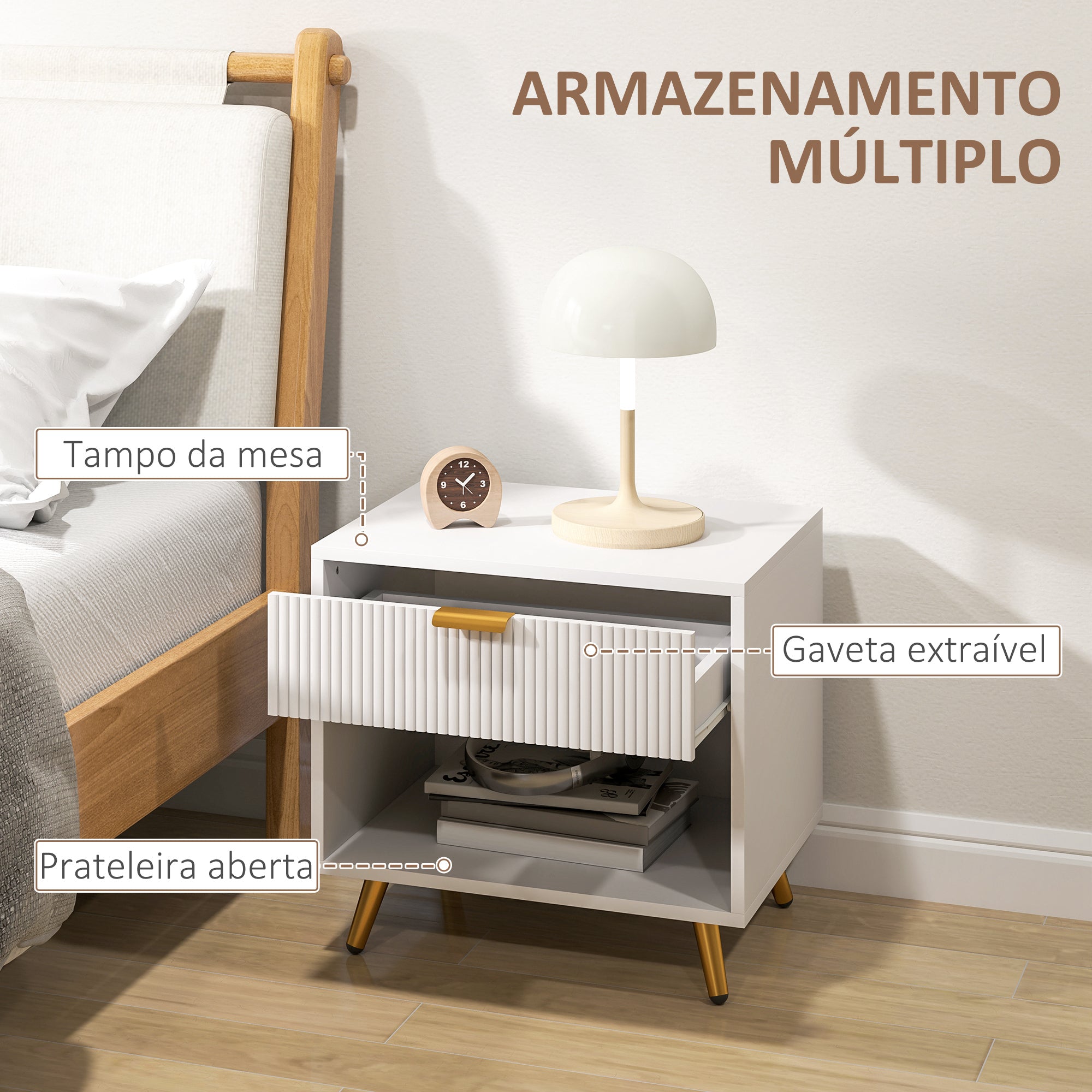 Mesa de Cabeceira Moderna 50x40x47 cm Branco com Detalhes Dourados