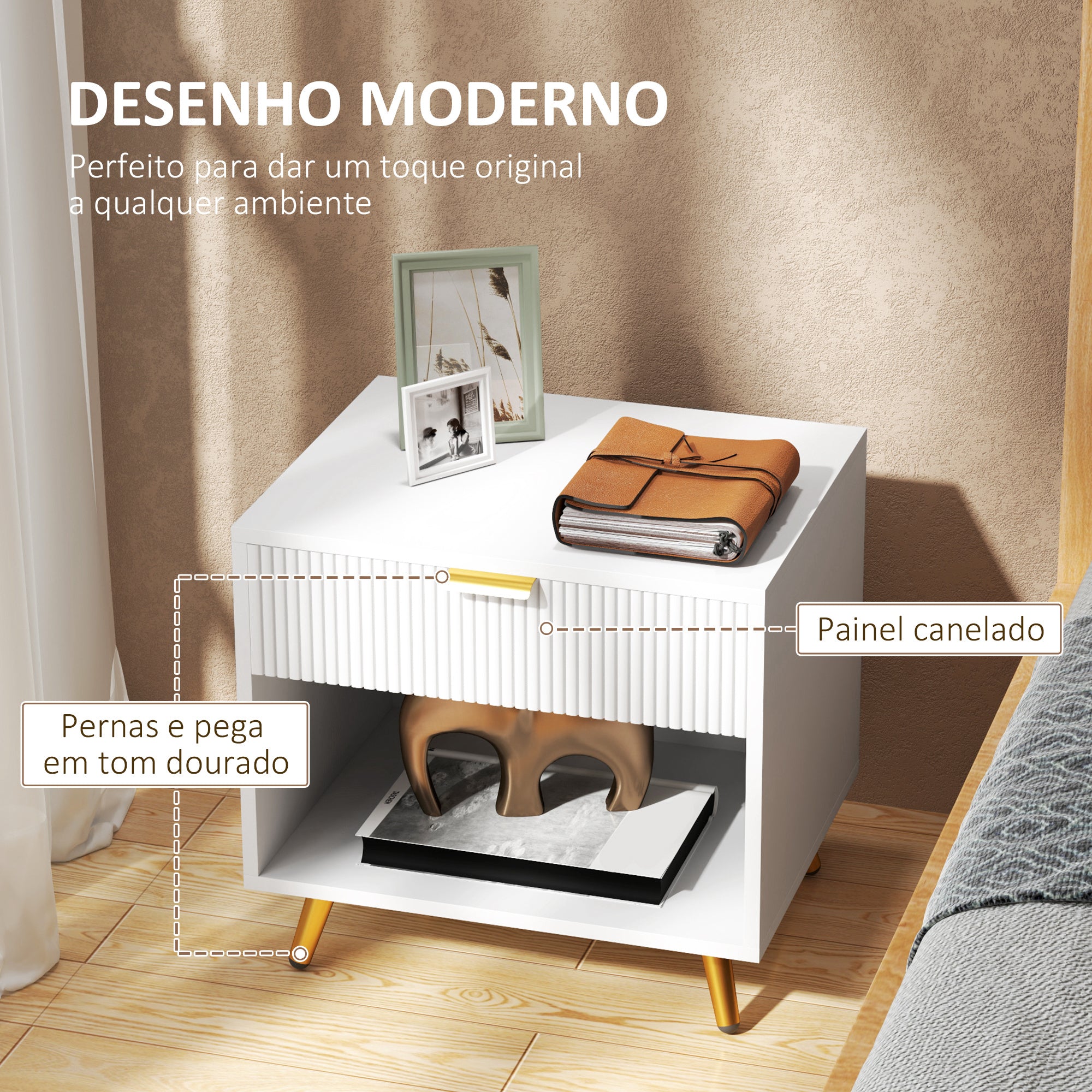 Mesa de Cabeceira Moderna 50x40x47 cm Branco com Detalhes Dourados