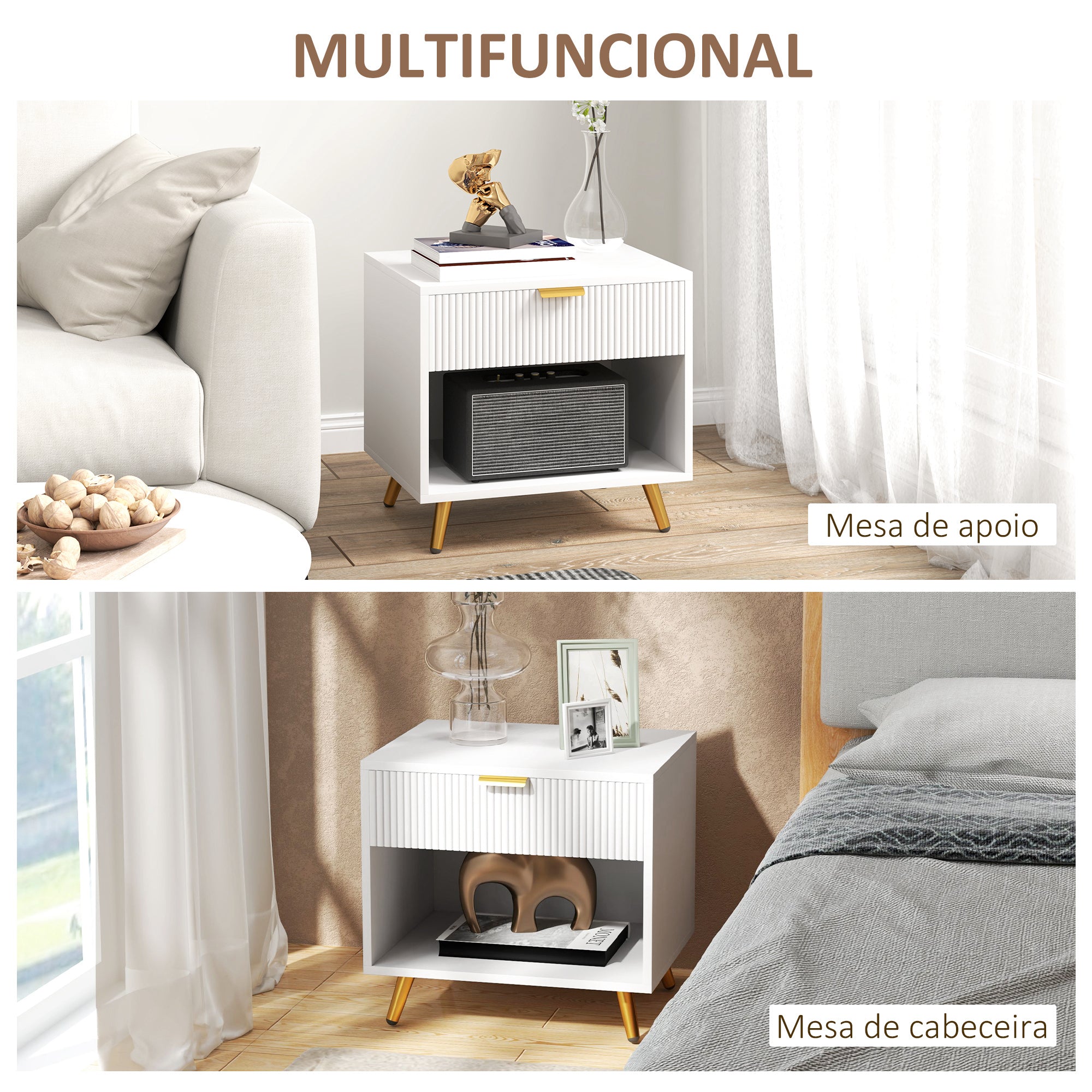 Mesa de Cabeceira Moderna 50x40x47 cm Branco com Detalhes Dourados
