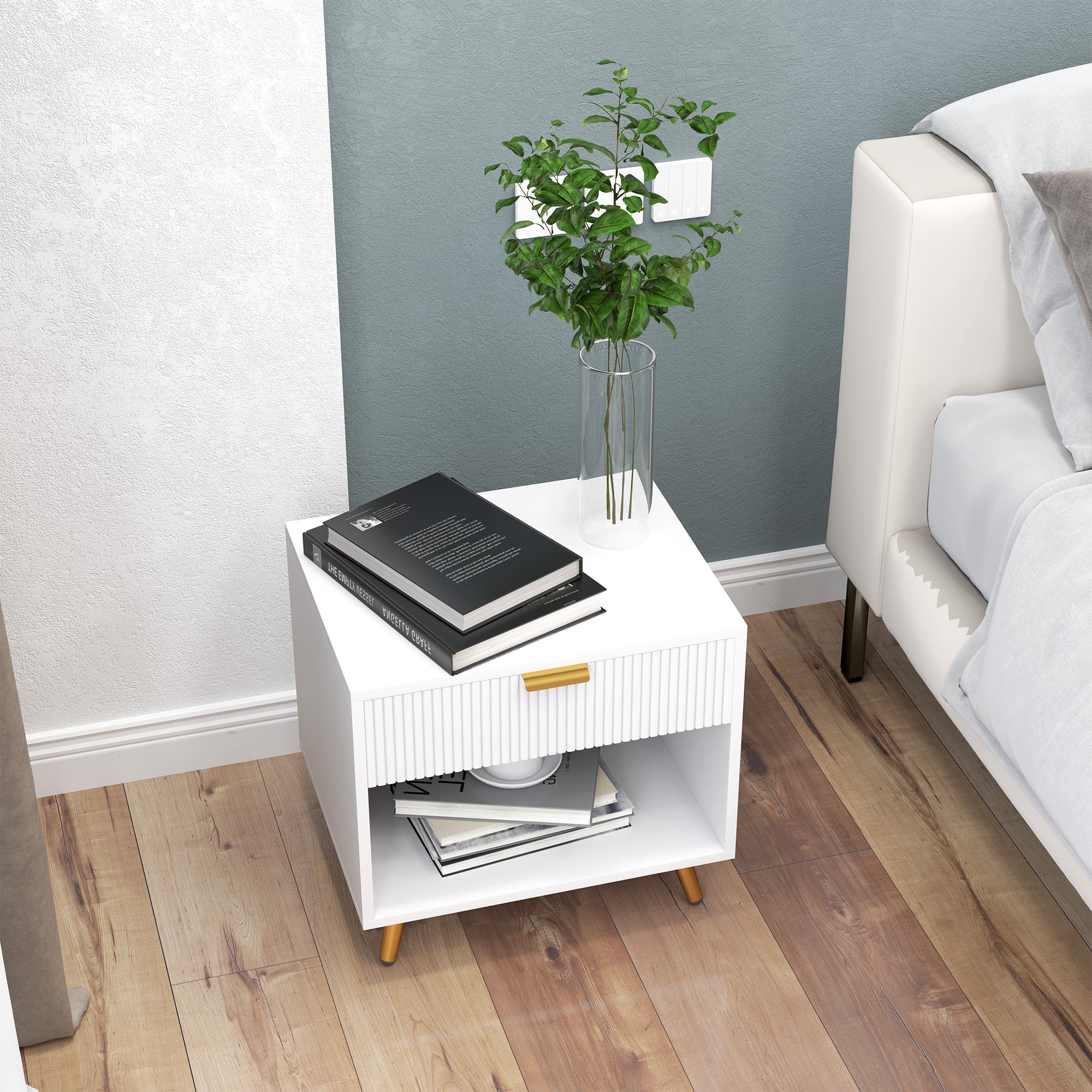 Mesa de Cabeceira Moderna 50x40x47 cm Branco com Detalhes Dourados