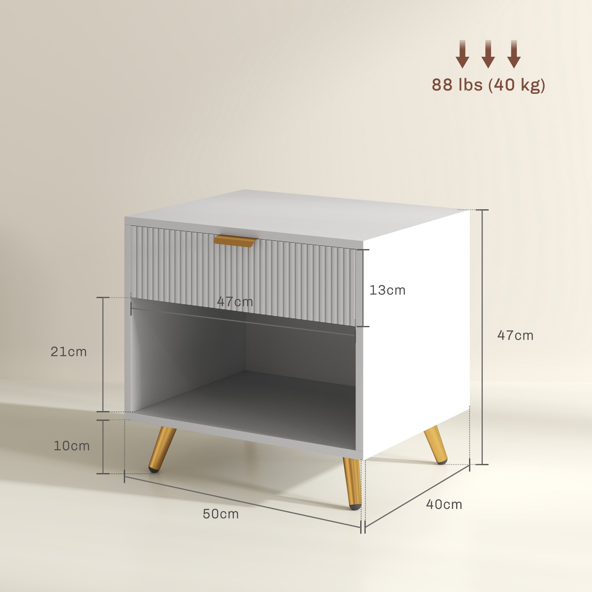 Mesa de Cabeceira Moderna 50x40x47 cm Branco com Detalhes Dourados