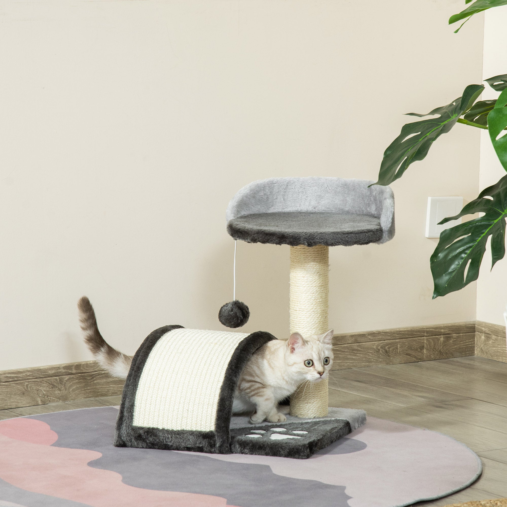 Árvore Arranhador para Gatos Cinza 35,5x37x46 cm - Poste, Tapete de Arranhar, Cama e Bola Suspensa