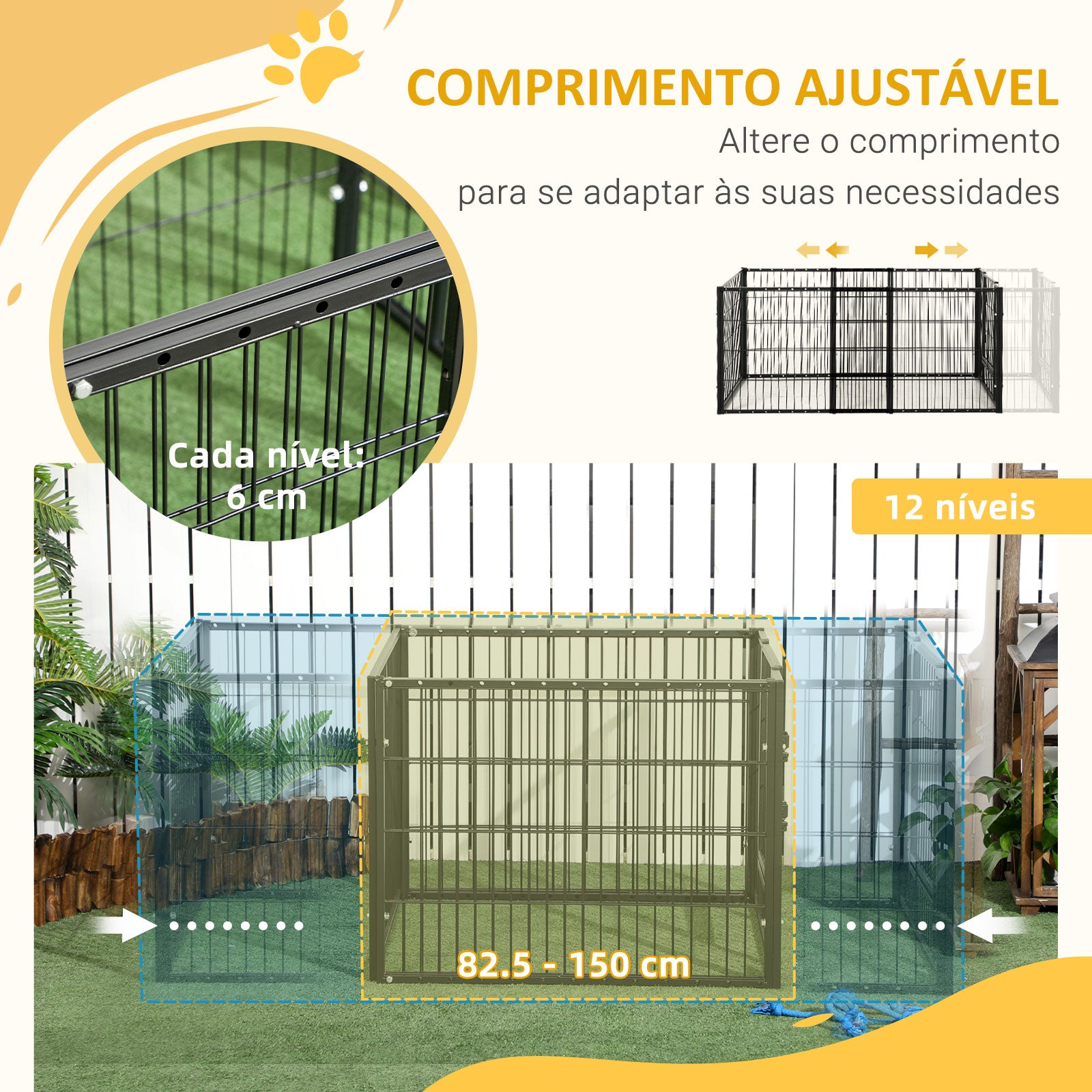 Parque para Cães de 6 Painéis Ajustável 82,5-150x79x61 cm Preto