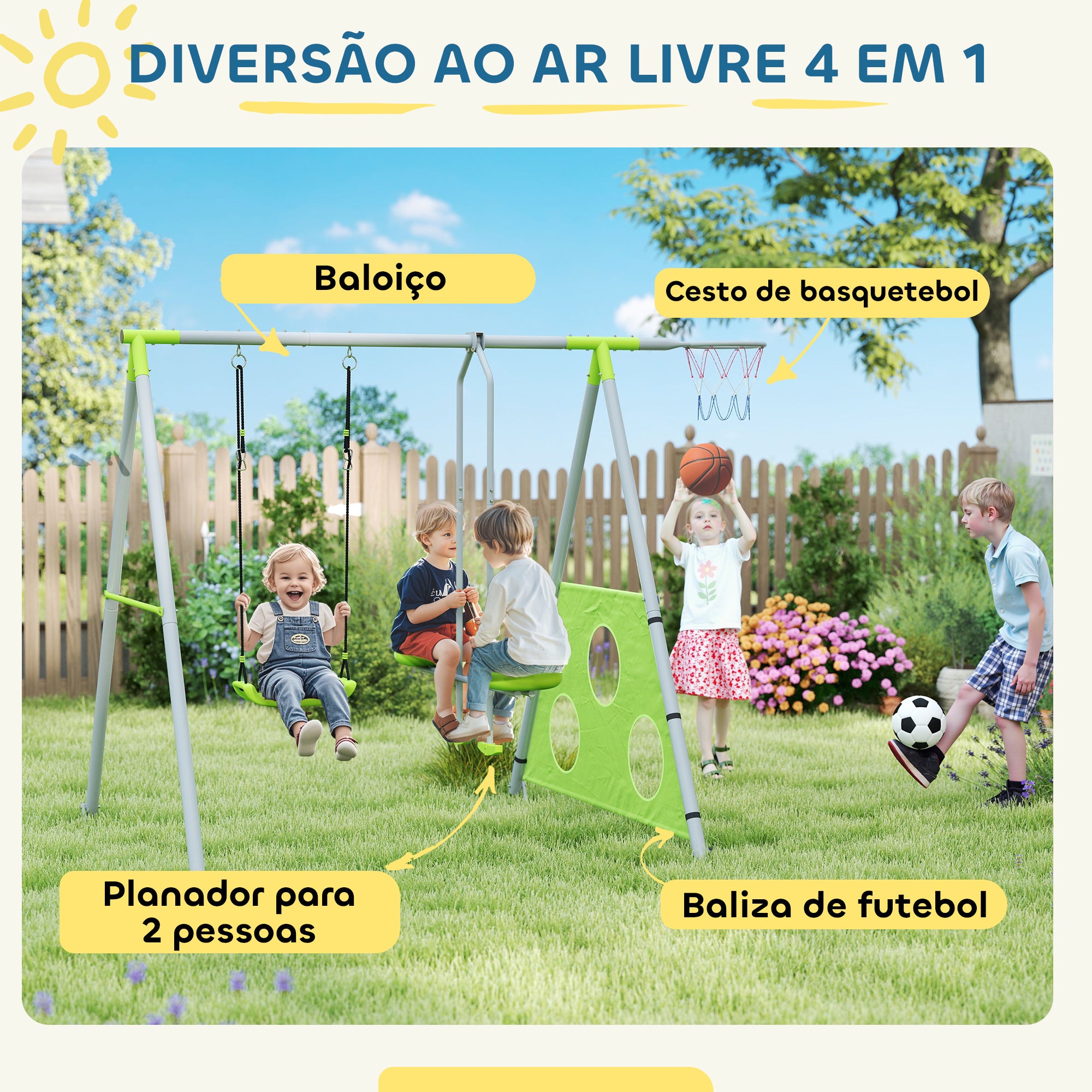 Baloiço para Crianças 4 em 1 Verde 215x180x182 cm