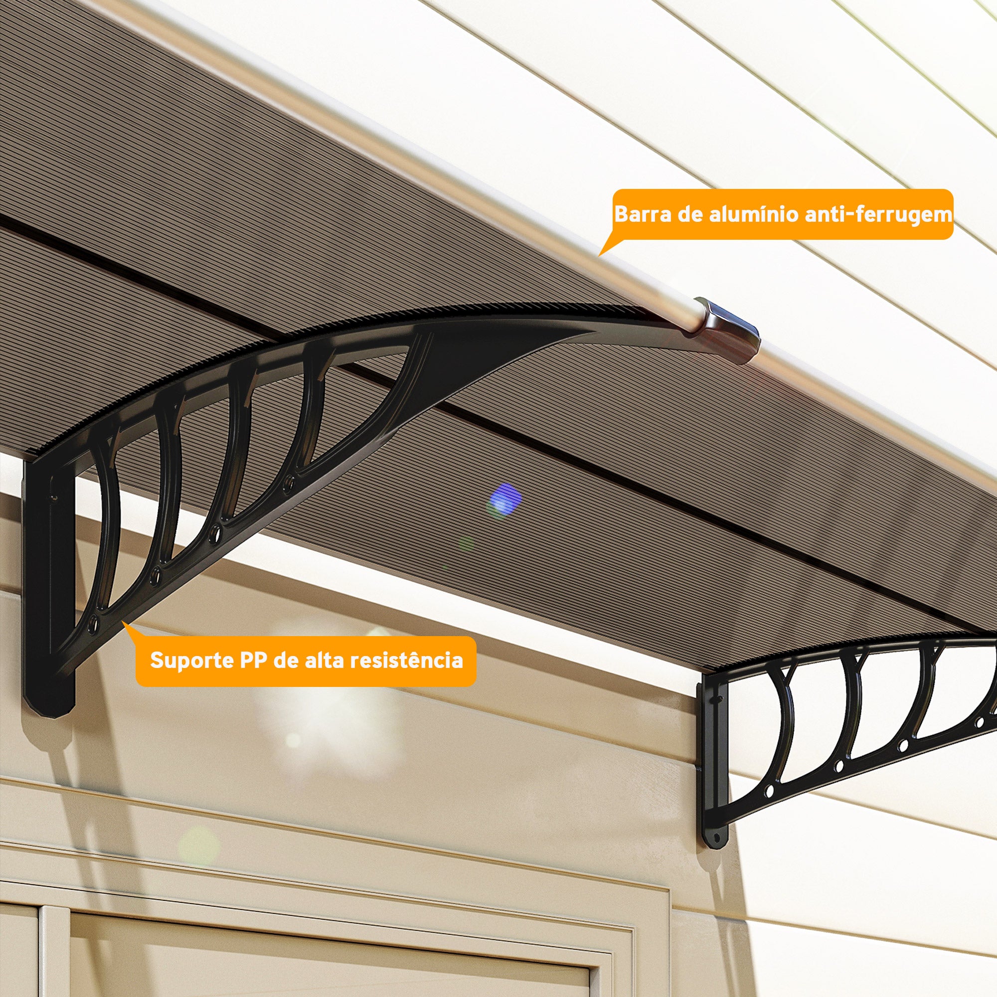 Marquise de Proteção Exterior – 200x96 cm – Preto e Marrom – Policarbonato, alumínio e PP